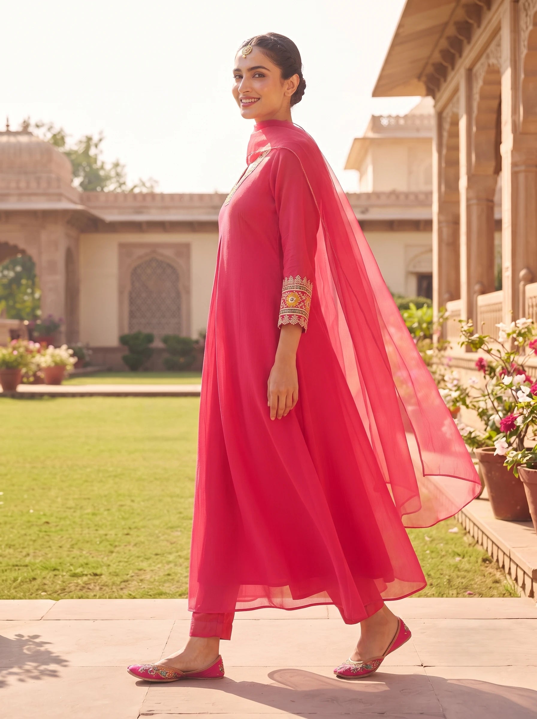 STRIKING PINK EMBELLISHED NECKLINE PURE CHINNON SUIT SET