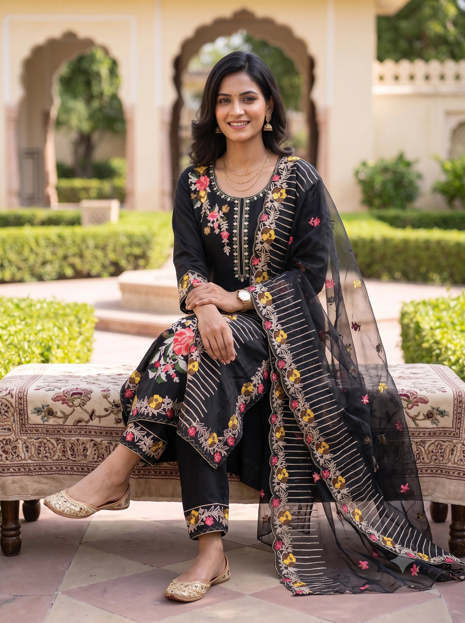 MAYA BLACK THREADWORK STRAIGHT SUIT SET