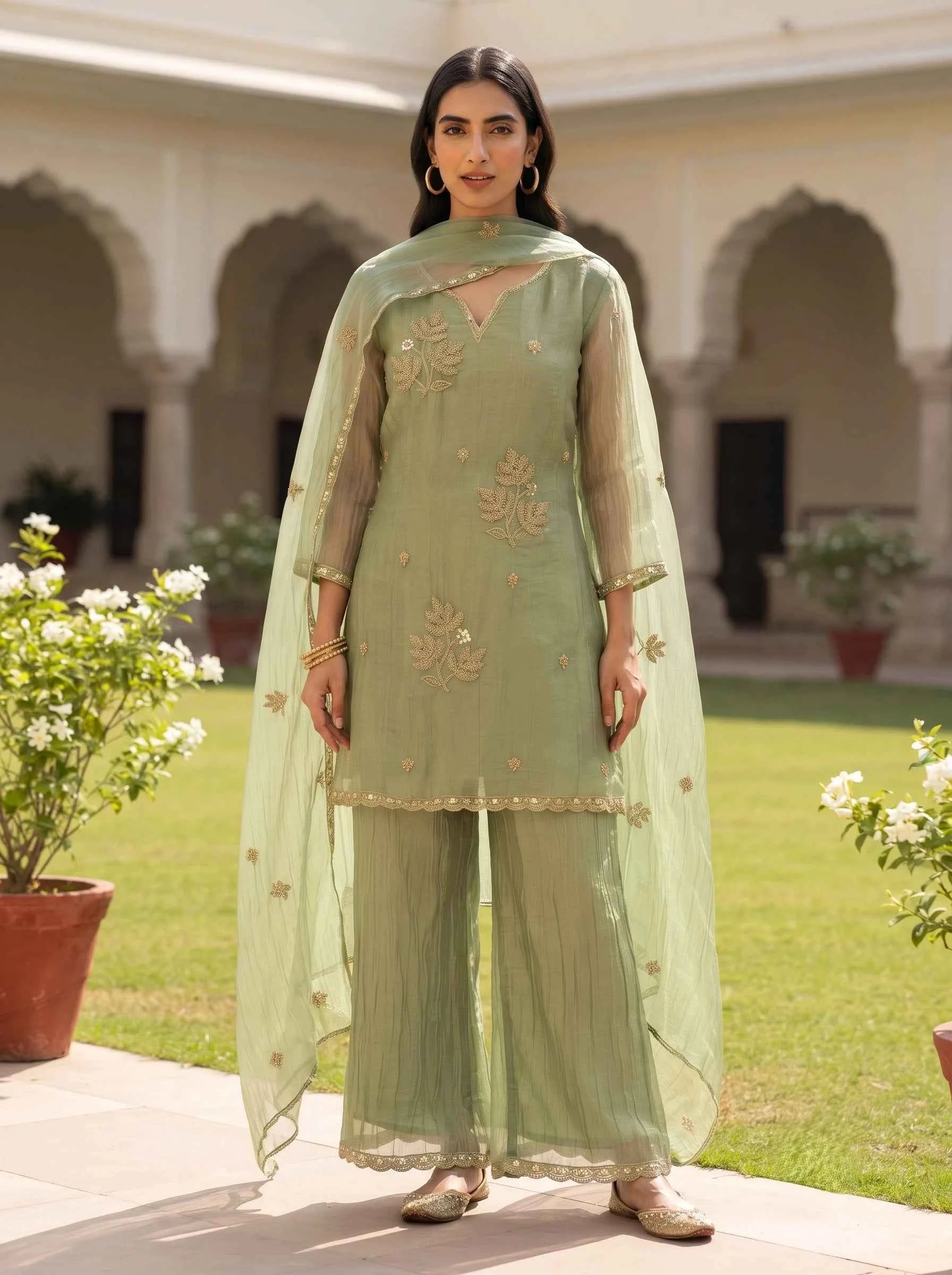SAGE GREEN BEADED LEAF EMBROIDERED SALSA SUIT SET