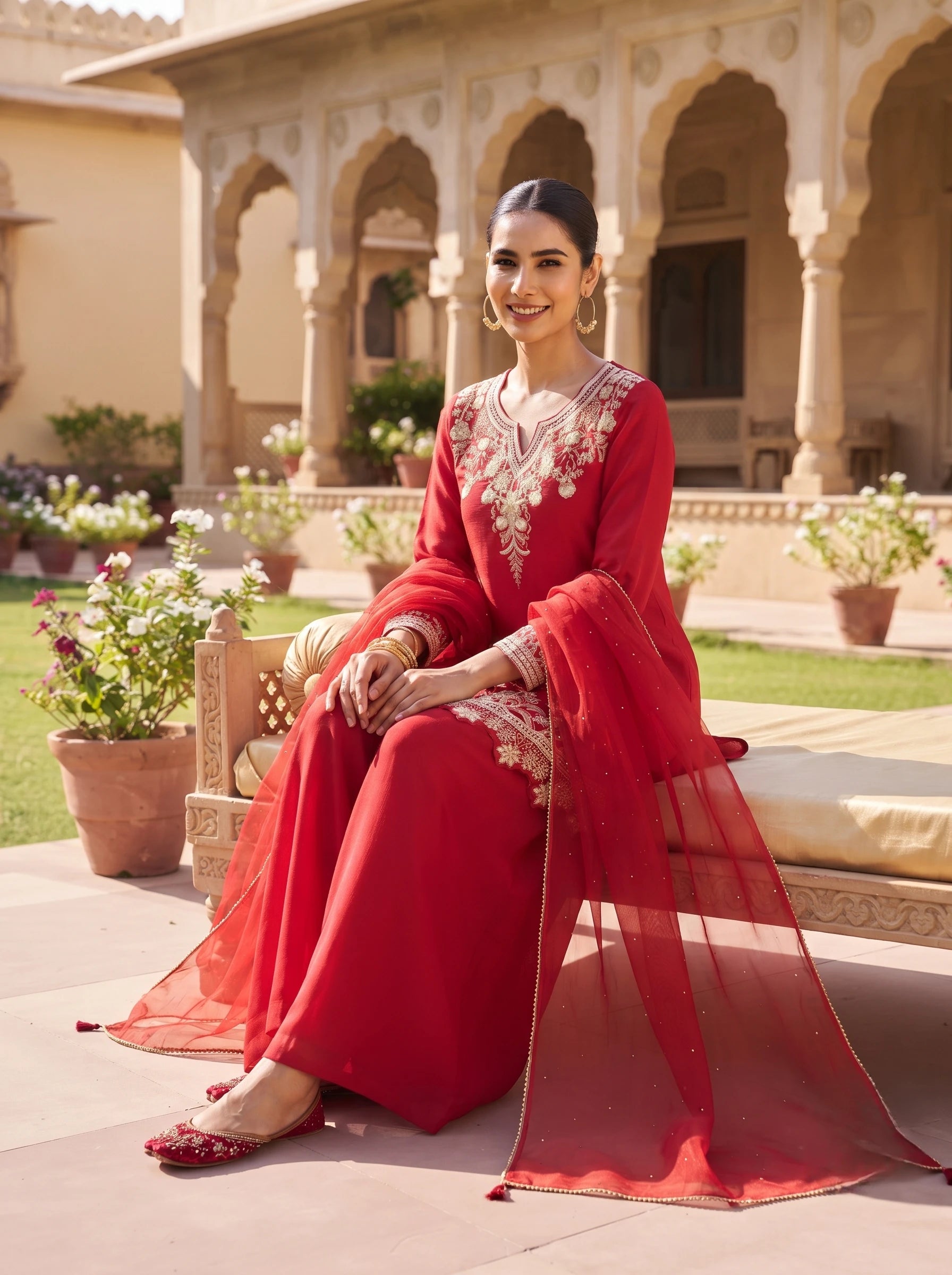 CRIMSON RED WITH GOLD PEARL DOLA SILK EMBROIDERED SUIT SET