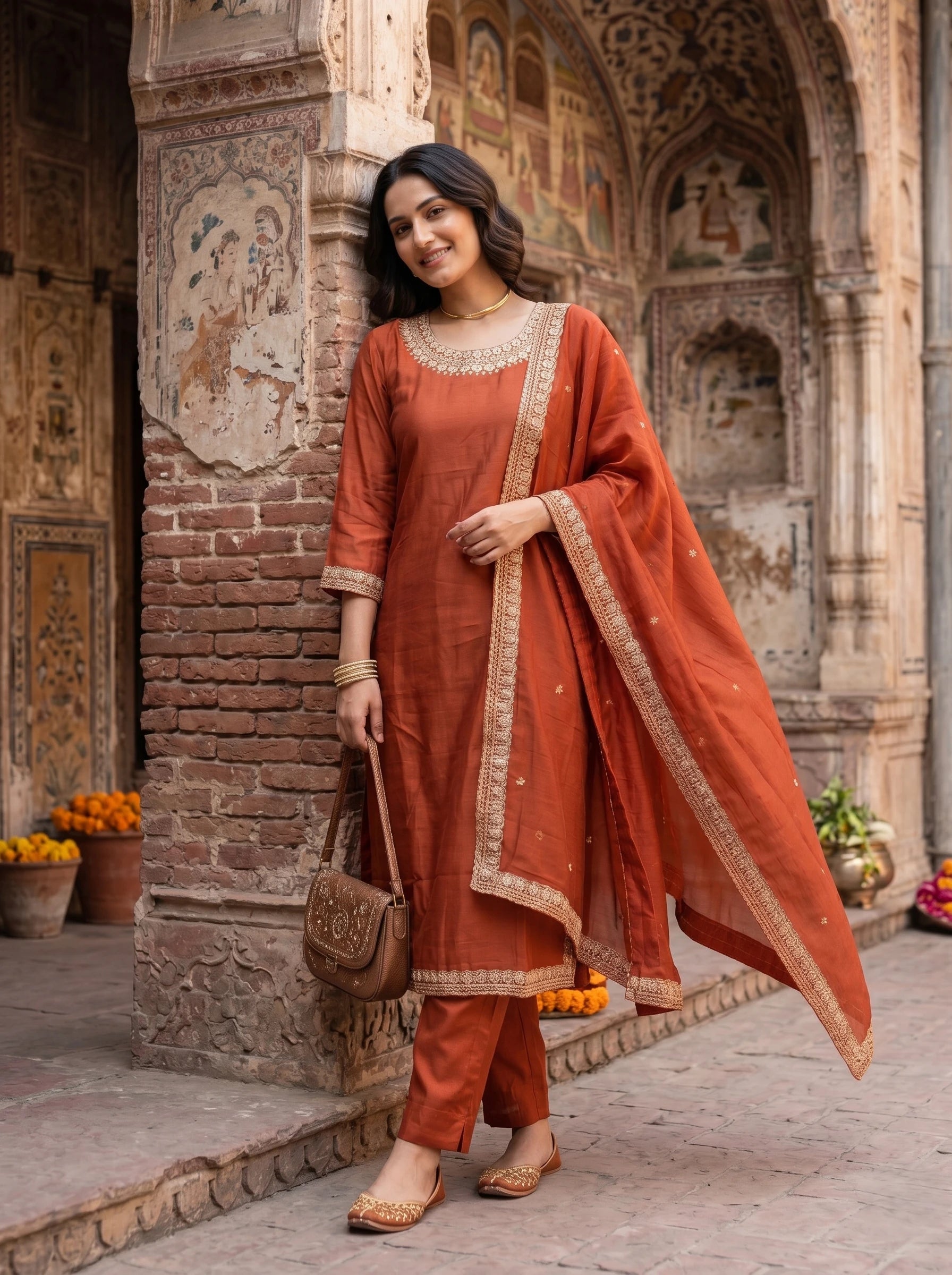 SANIA RUST ORANGE STRAIGHT SUIT SET