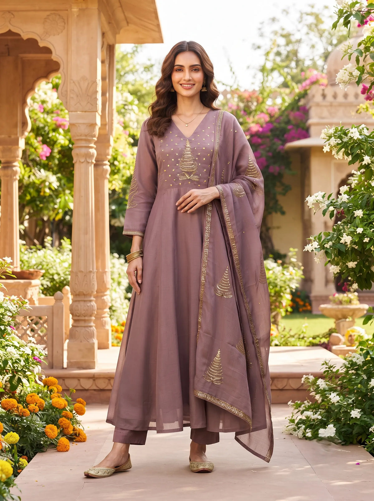LILAC ANARKALI WITH GOLDEN TREE MOTIF EMBROIDERD SUIT SET