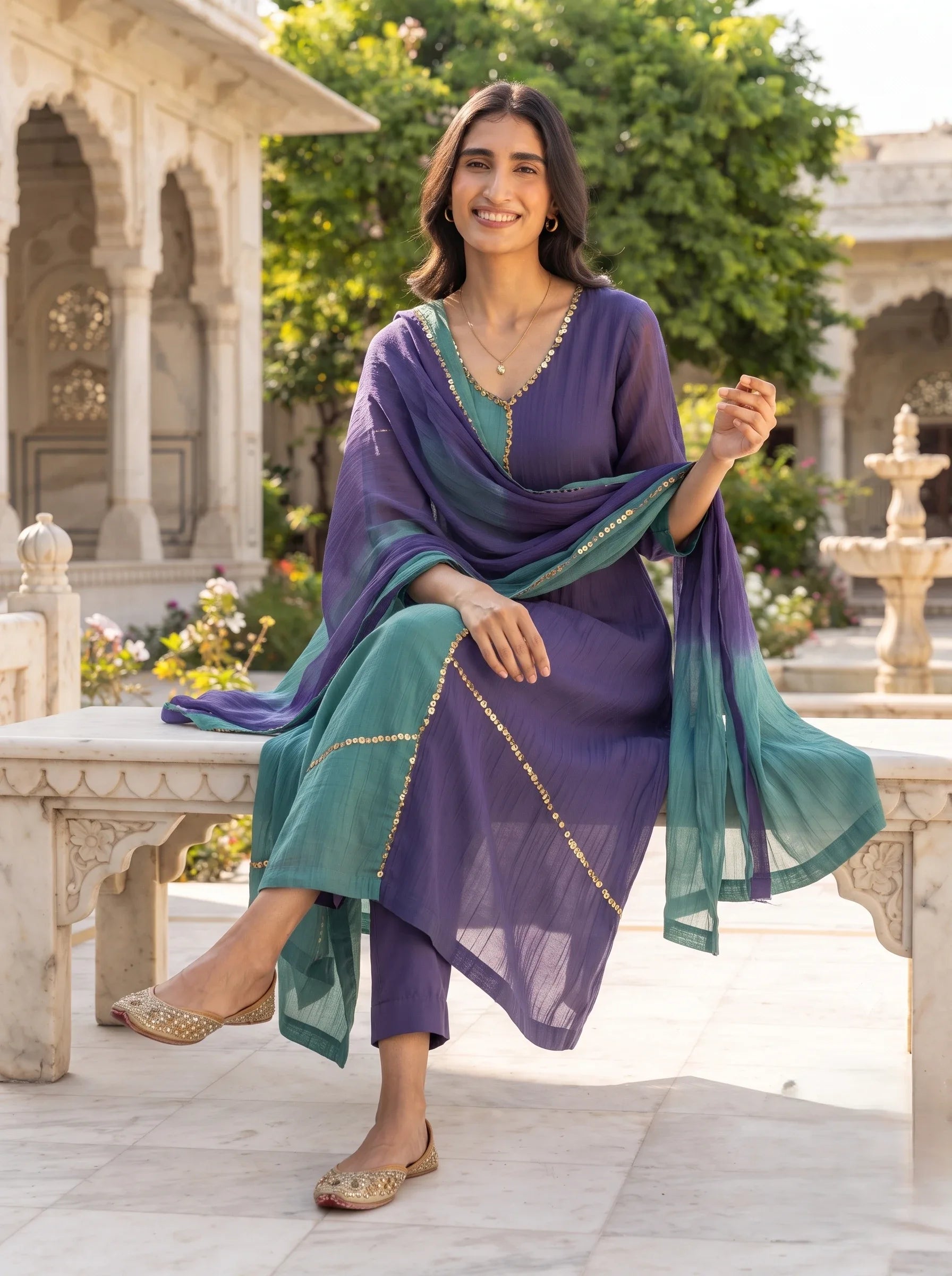 EMERALD GREEN AND PURPLE DUAL-TONE BANARSI MUL CHANDERI SUIT SET
