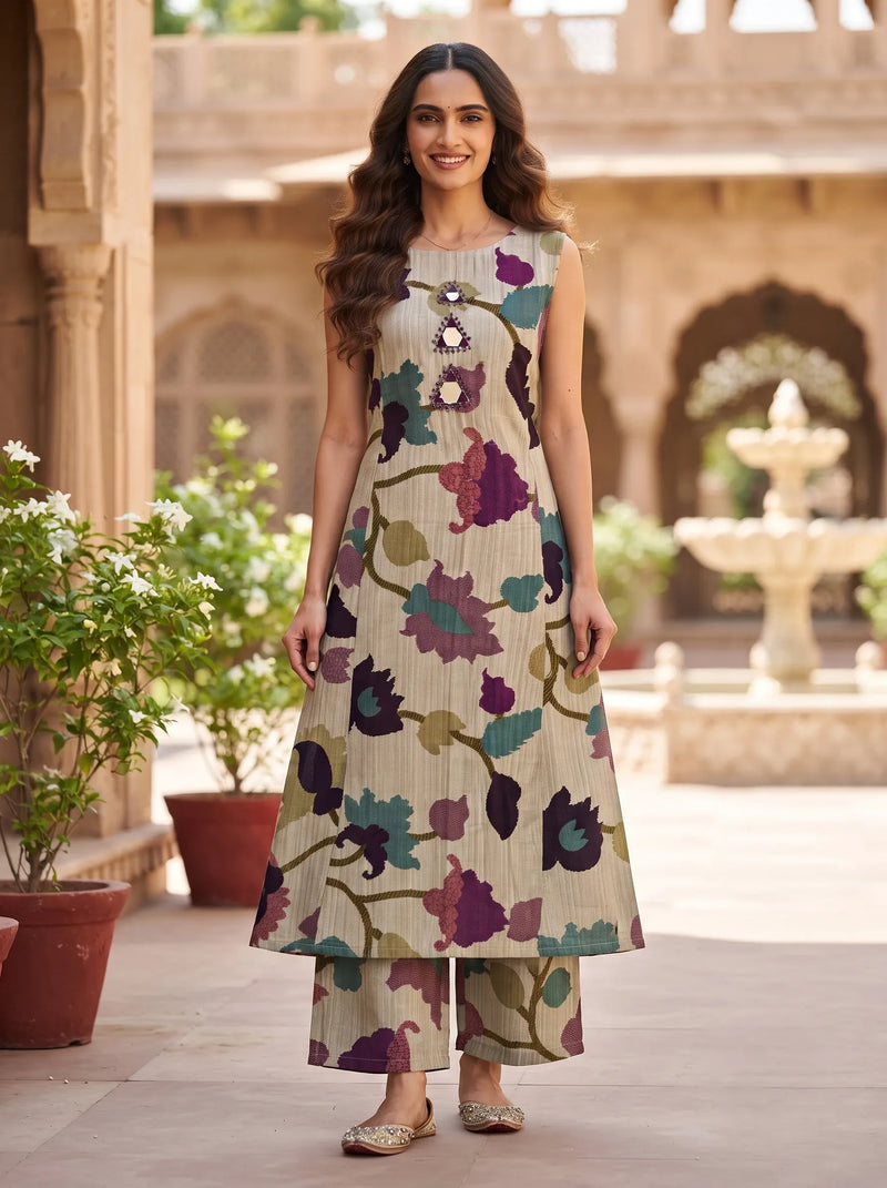 BEIGE LARGE ABSTRACT FLORAL PRINT ROMAN KURTA SET