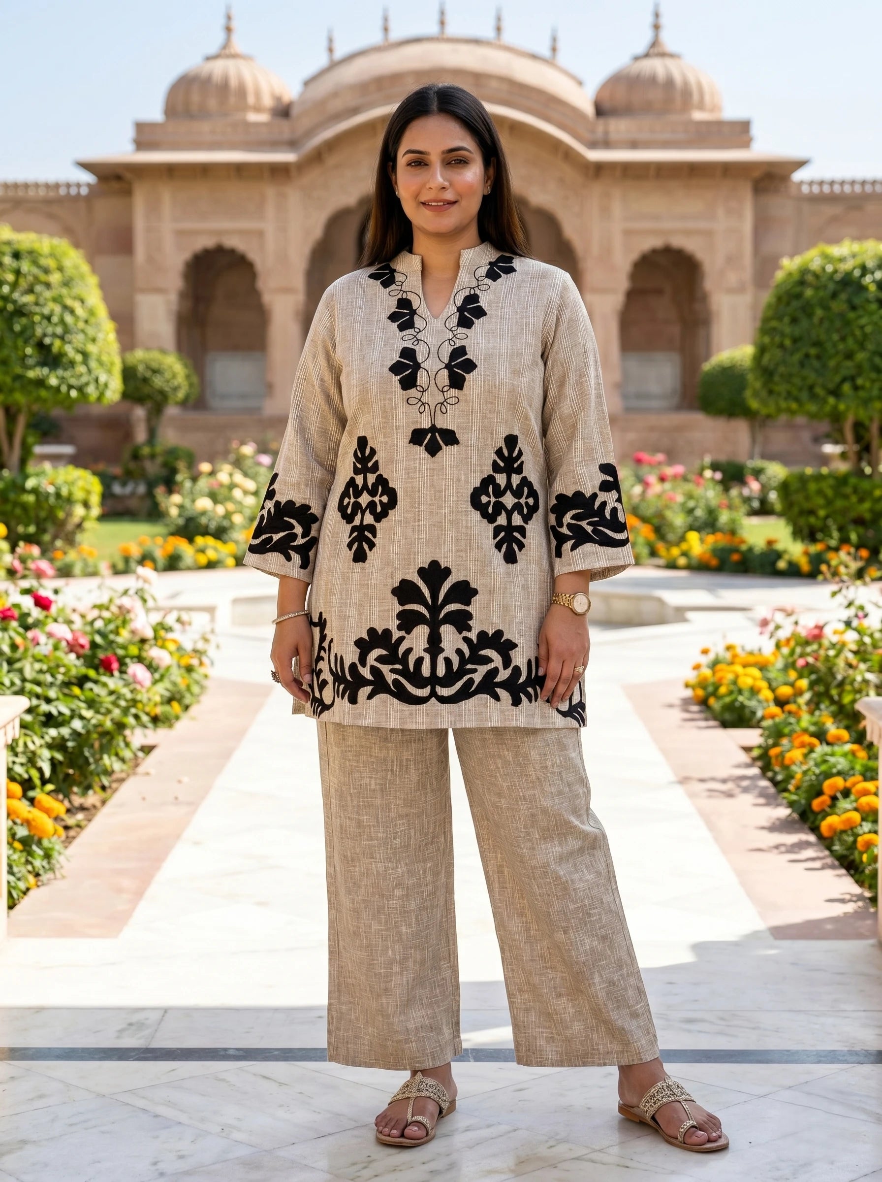 NATURAL BEIGE PATCH WORK CO-ORD SET
