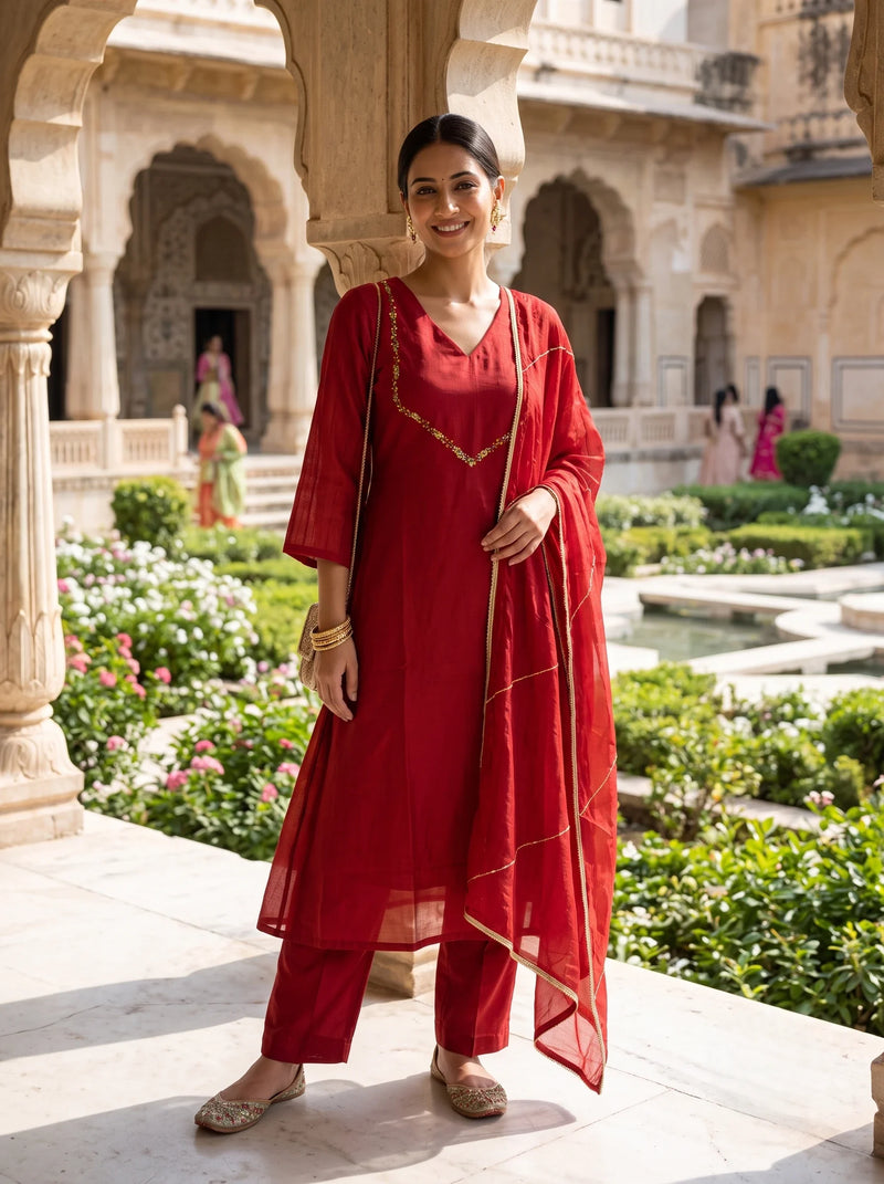 BURGUNDY GRACE EMBELLISHED STRAIGHT HAND EMBROIDERED SUIT SET