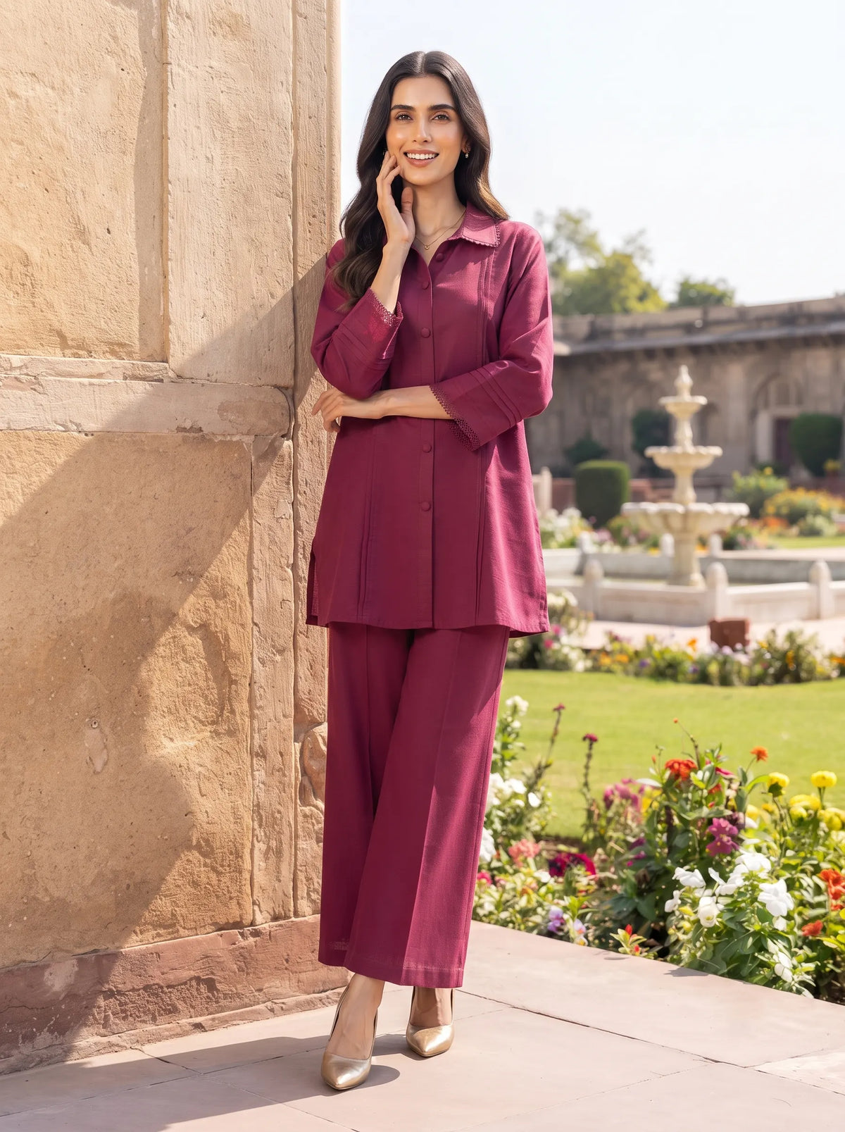 WINE RED LACE TRIMMED PREMIUM WOMEN CASUAL EVERYDAY CO-ORD SET