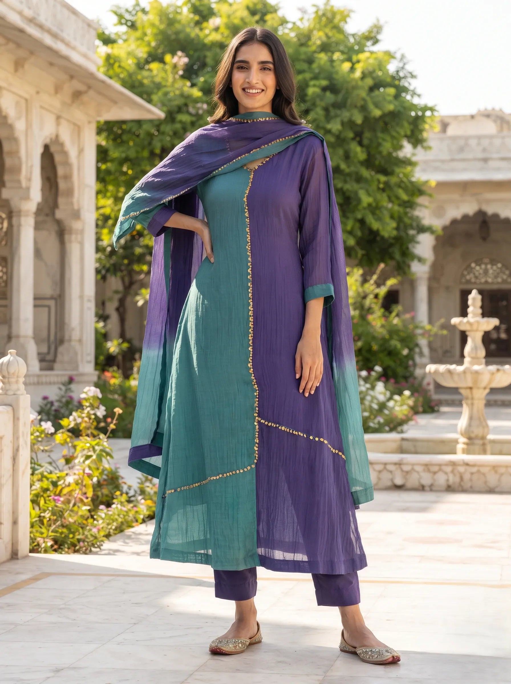 EMERALD GREEN AND PURPLE DUAL-TONE BANARSI MUL CHANDERI SUIT SET