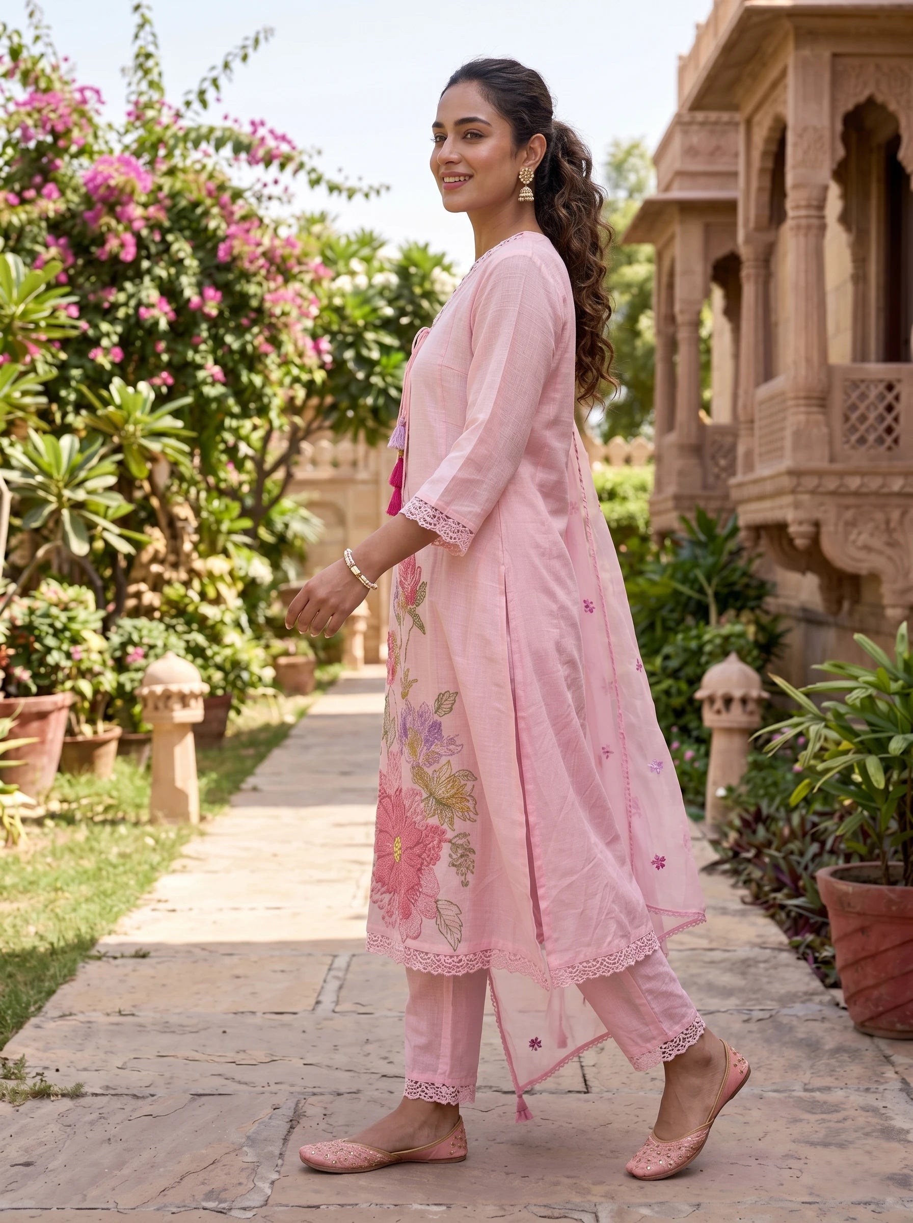 POWDER PINK THREADWORK SUIT SET