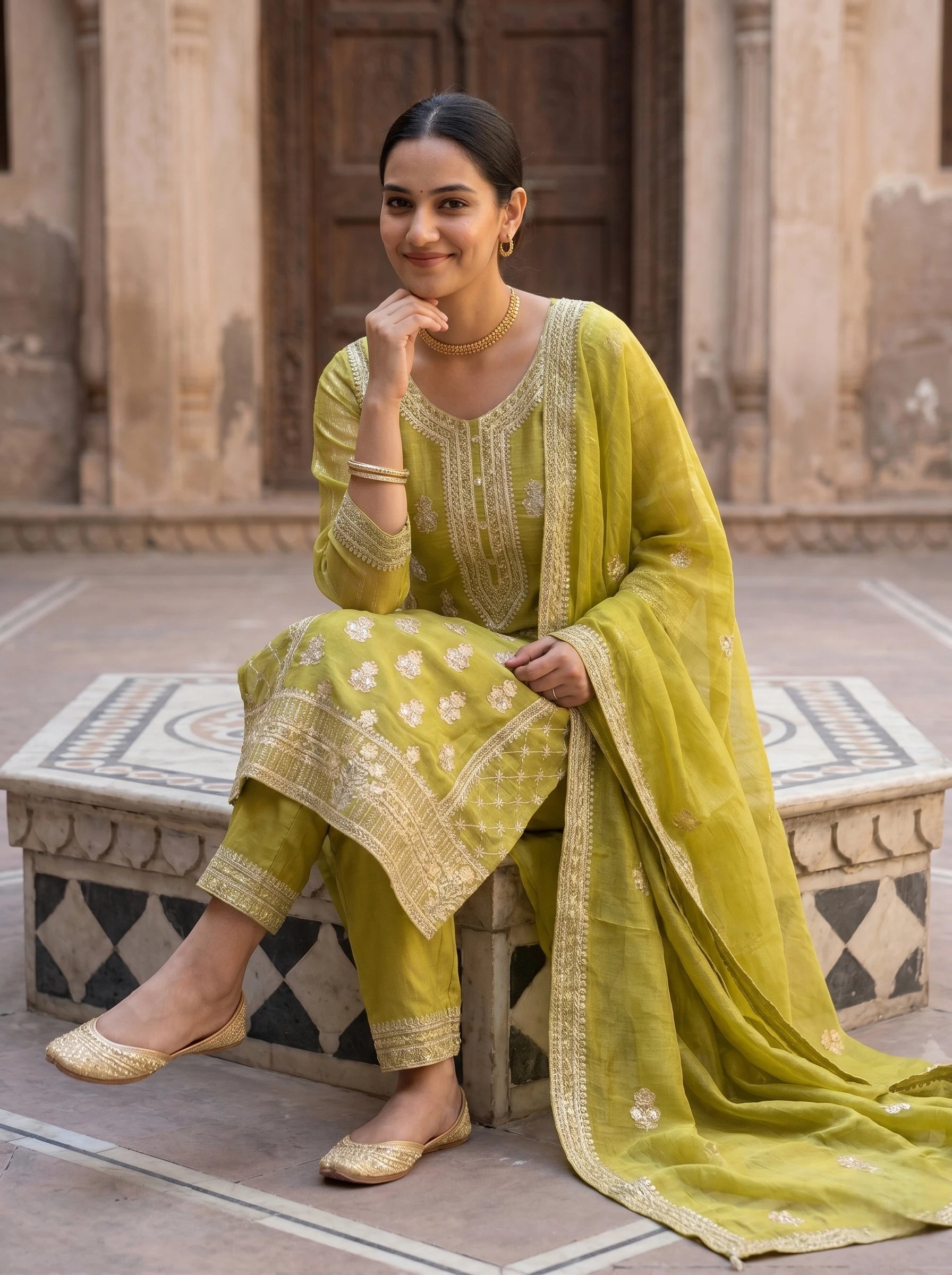 HEENA THREADWORK STRAIGHT SUIT SET