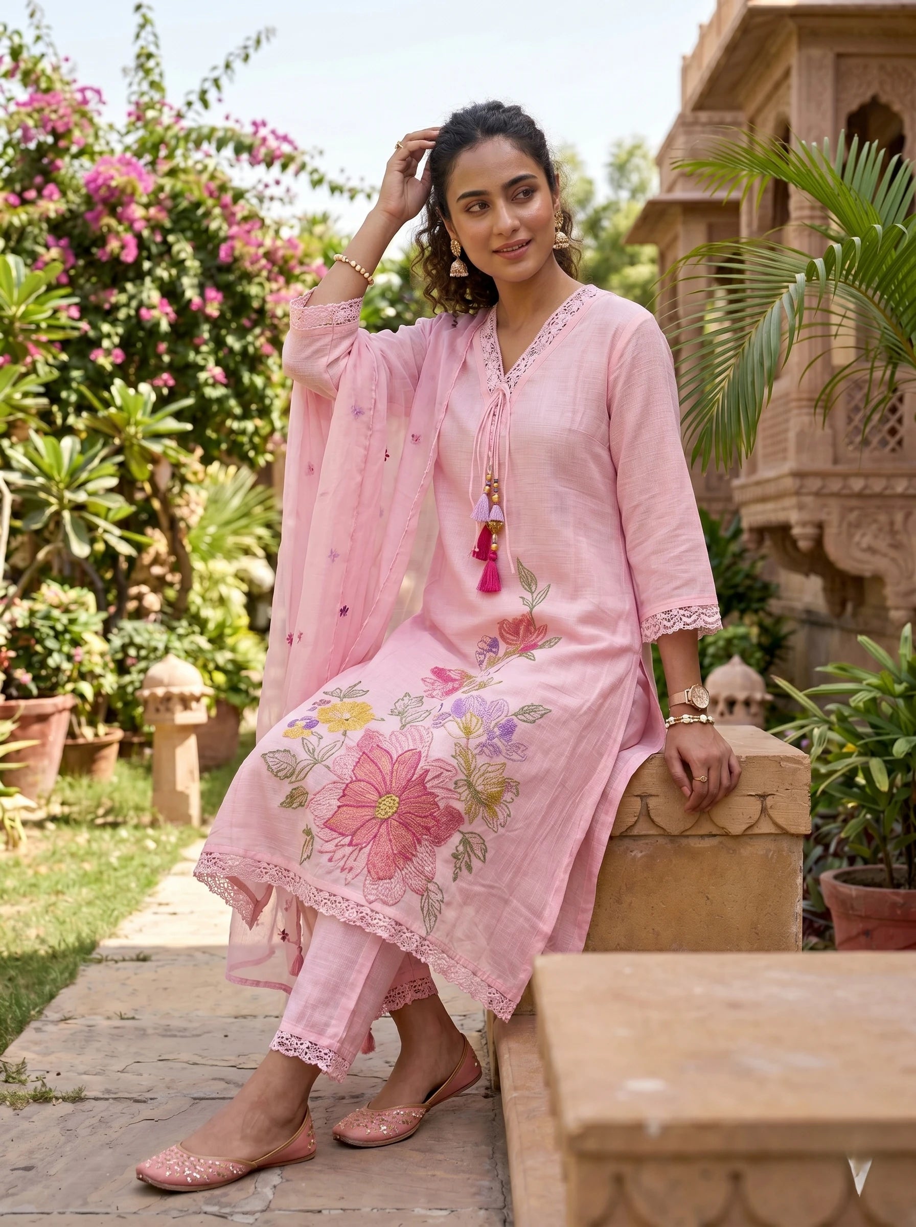POWDER PINK THREADWORK SUIT SET