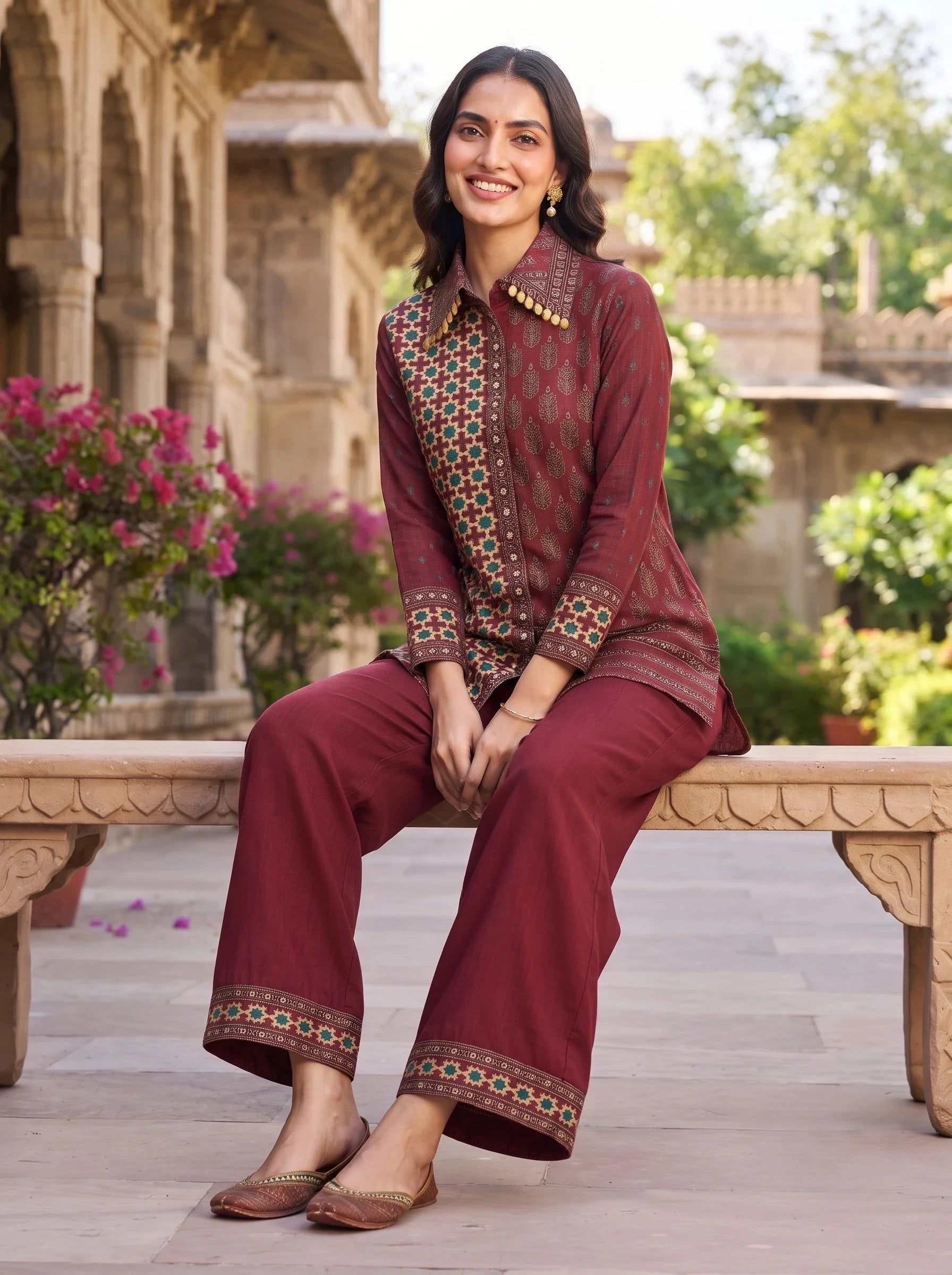 MAROON AJRAKH PRINTED  SHIRT STYLE PURE CREPE CO-ORD SET