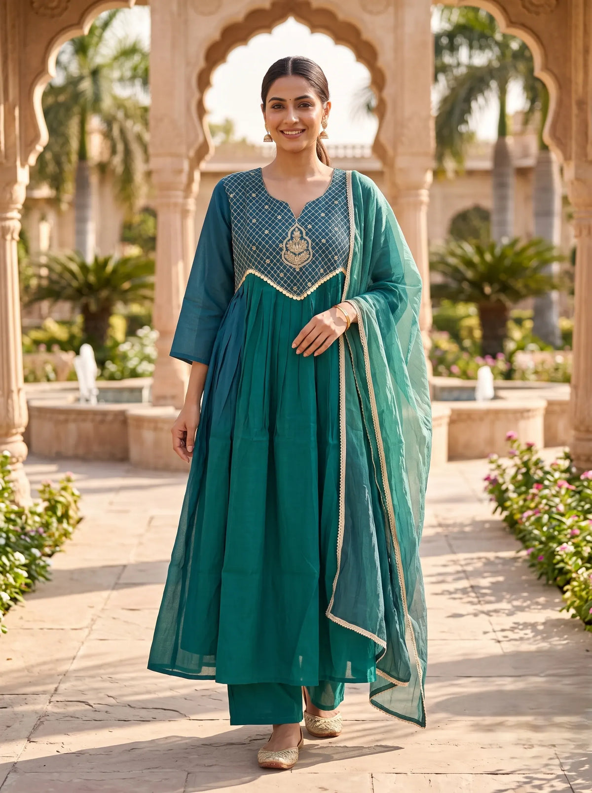 TEAL BLUE HAND EMBROIDERED FESTIVE ANARKALI  MUL CHANDERI SUIT SET