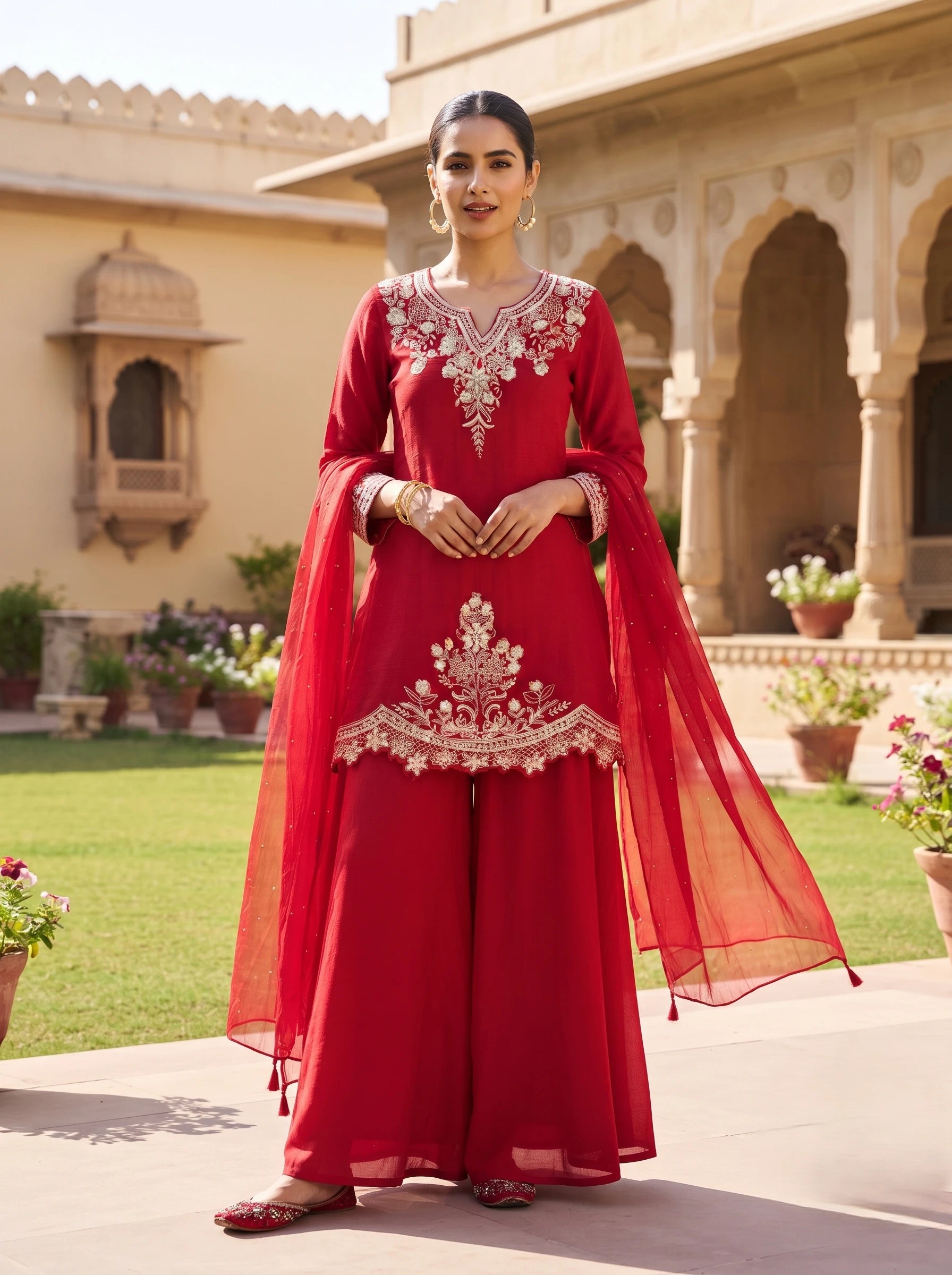 CRIMSON RED WITH GOLD PEARL DOLA SILK EMBROIDERED SUIT SET