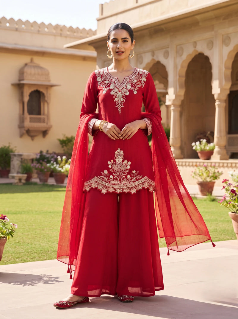 CRIMSON RED WITH GOLD PEARL DOLA SILK EMBROIDERED SUIT SET