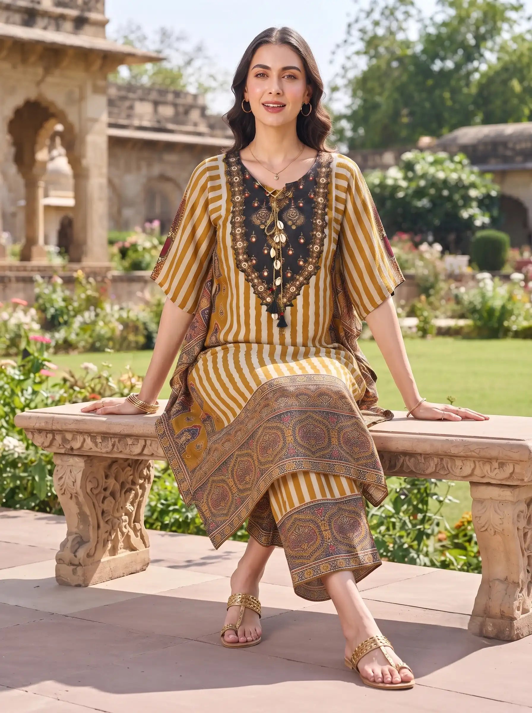 BROWN BOHEMIAN MIRROR WORK & COWRY SHELL MUSLIN KAFTAN CO-ORD SET