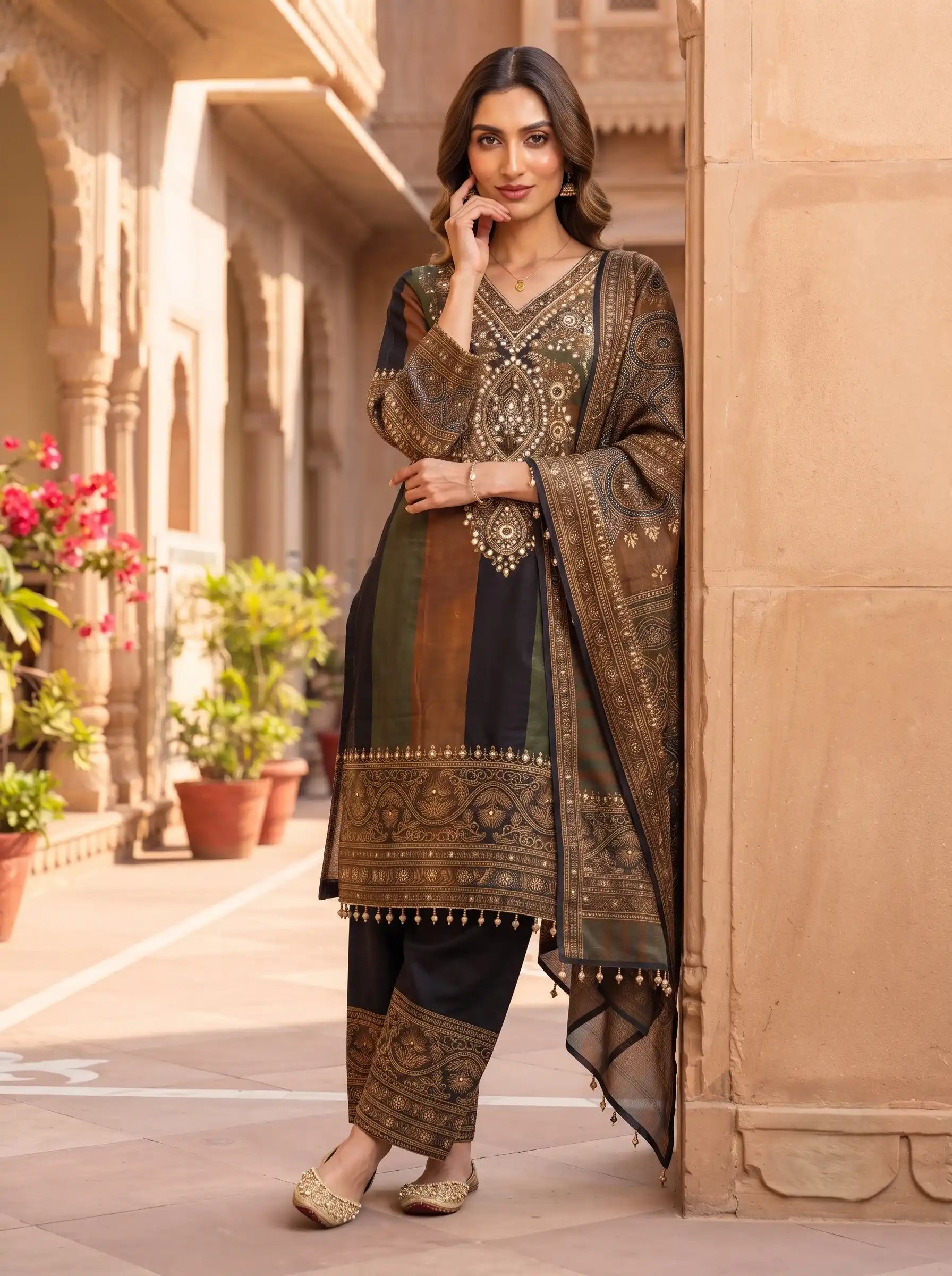 FOREST GLAMOUR EMBELLISHED FULL EMBROIDERED MUSLIN  SUIT SET