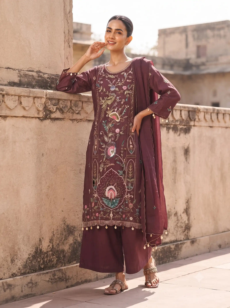 WINE FLORAL BIRD HAND  EMBROIDERED PURE DOLA SILK SUIT SET