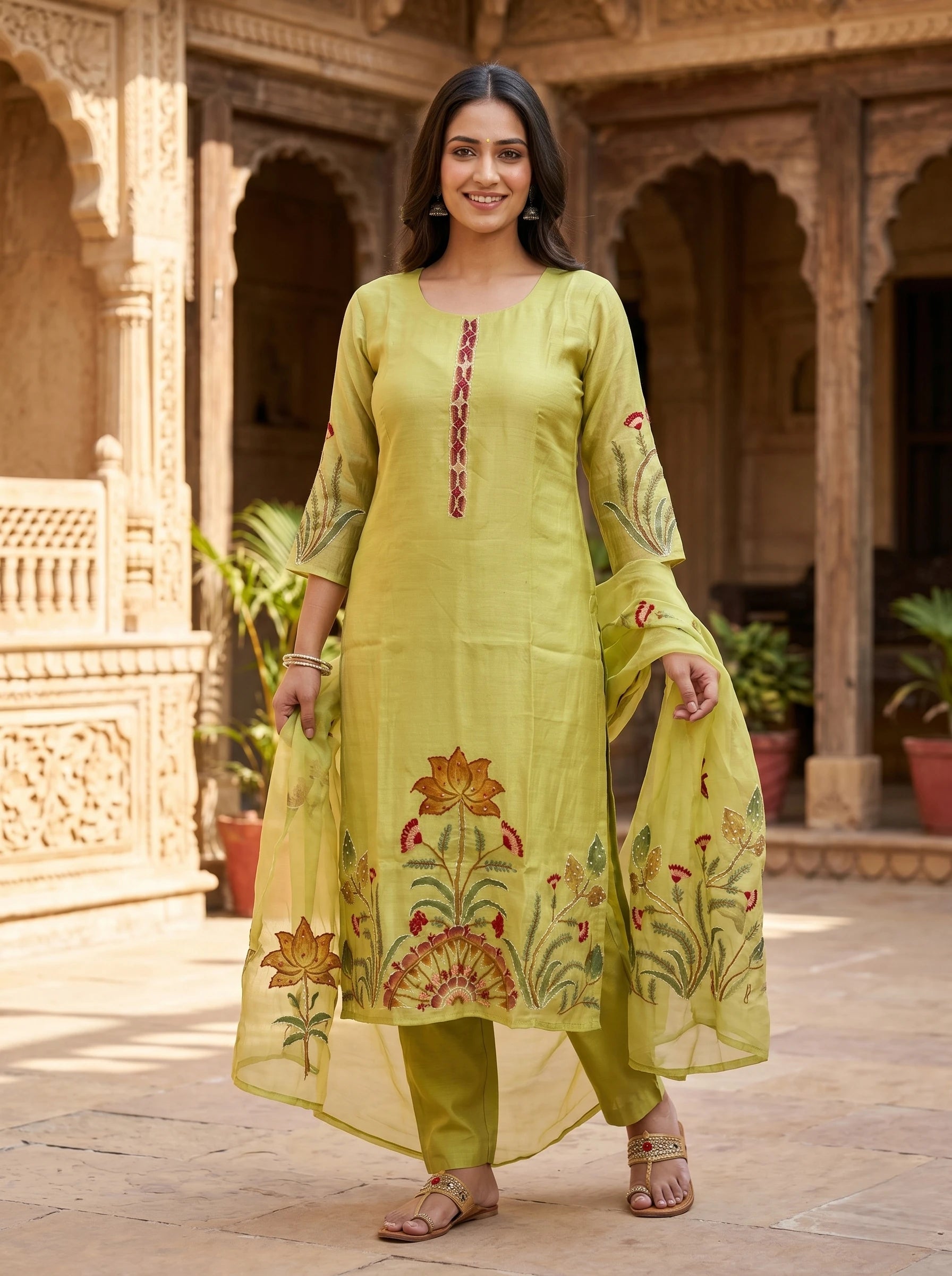 OLIVE GREEN KANTHA WORK SUIT SET