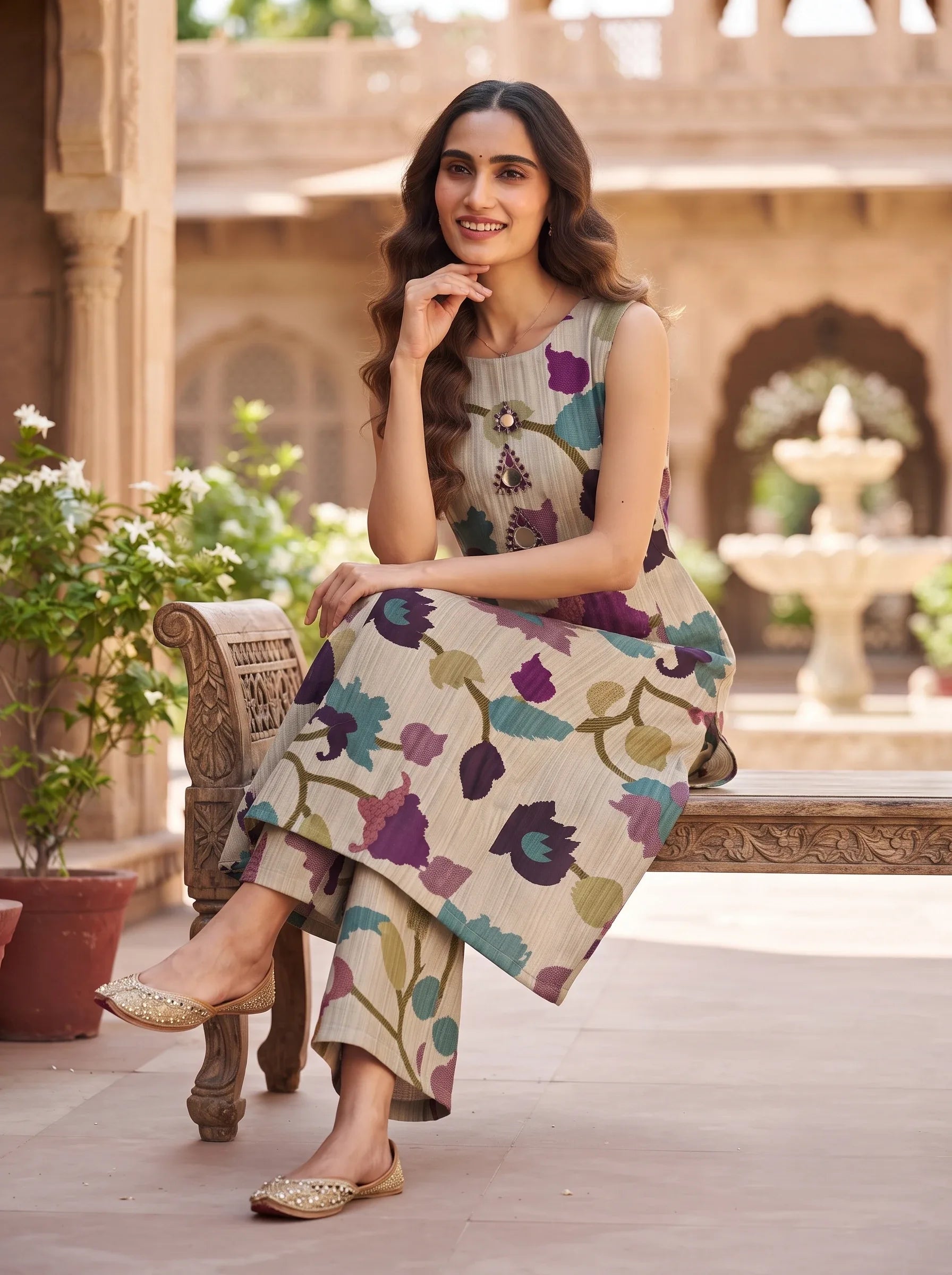 BEIGE LARGE ABSTRACT FLORAL PRINT ROMAN KURTA SET