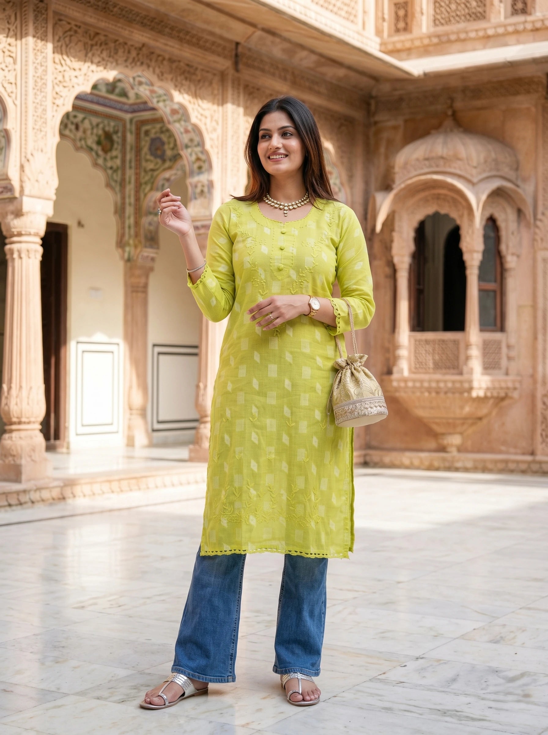 LIME YELLOW PRINTED STRAIGHT KURTI