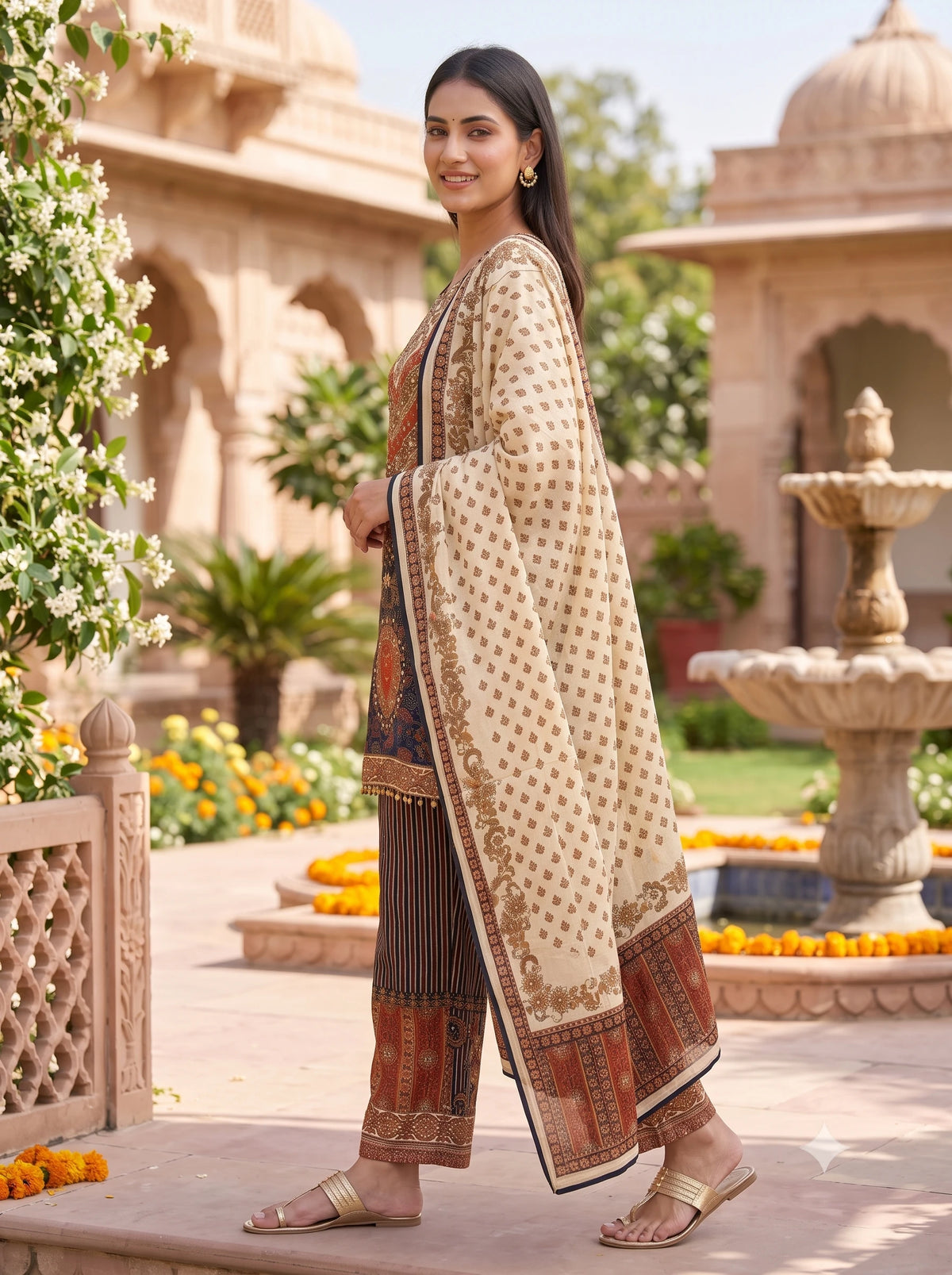 MIDNIGHT PAISLEY PRINTED EMBELLISHED PURE MUSLIN SUIT SET