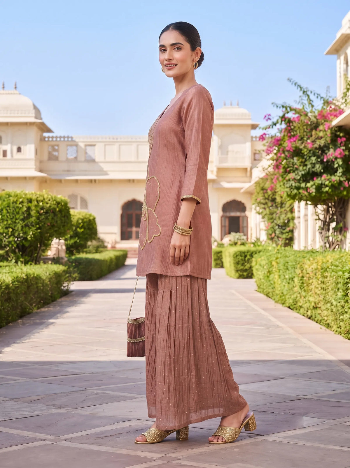 CRUSHED DUSTY ROSE ETHNIC HAND EMBROIDERED CO-ORD SET