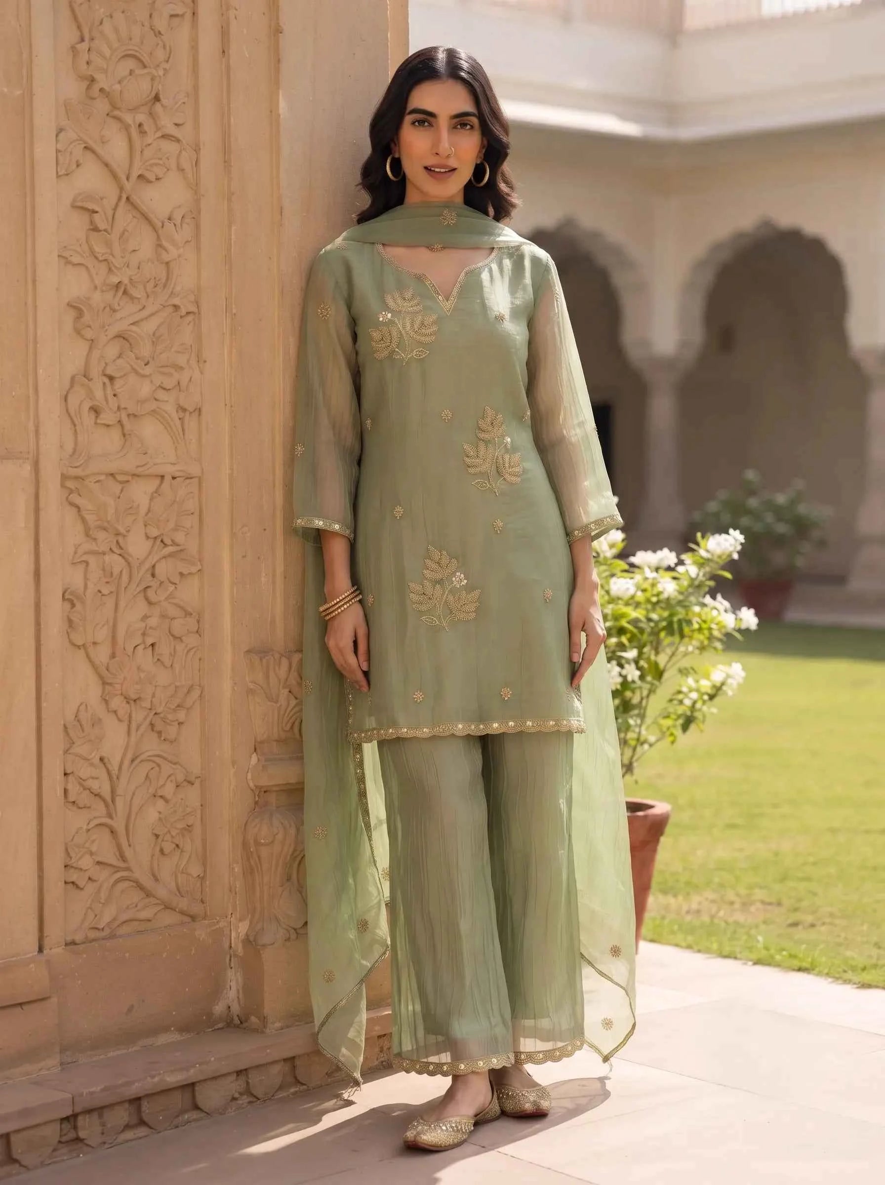 SAGE GREEN BEADED LEAF EMBROIDERED SALSA SUIT SET