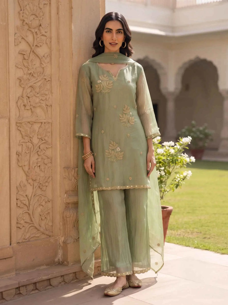SAGE GREEN BEADED LEAF EMBROIDERED SALSA SUIT SET