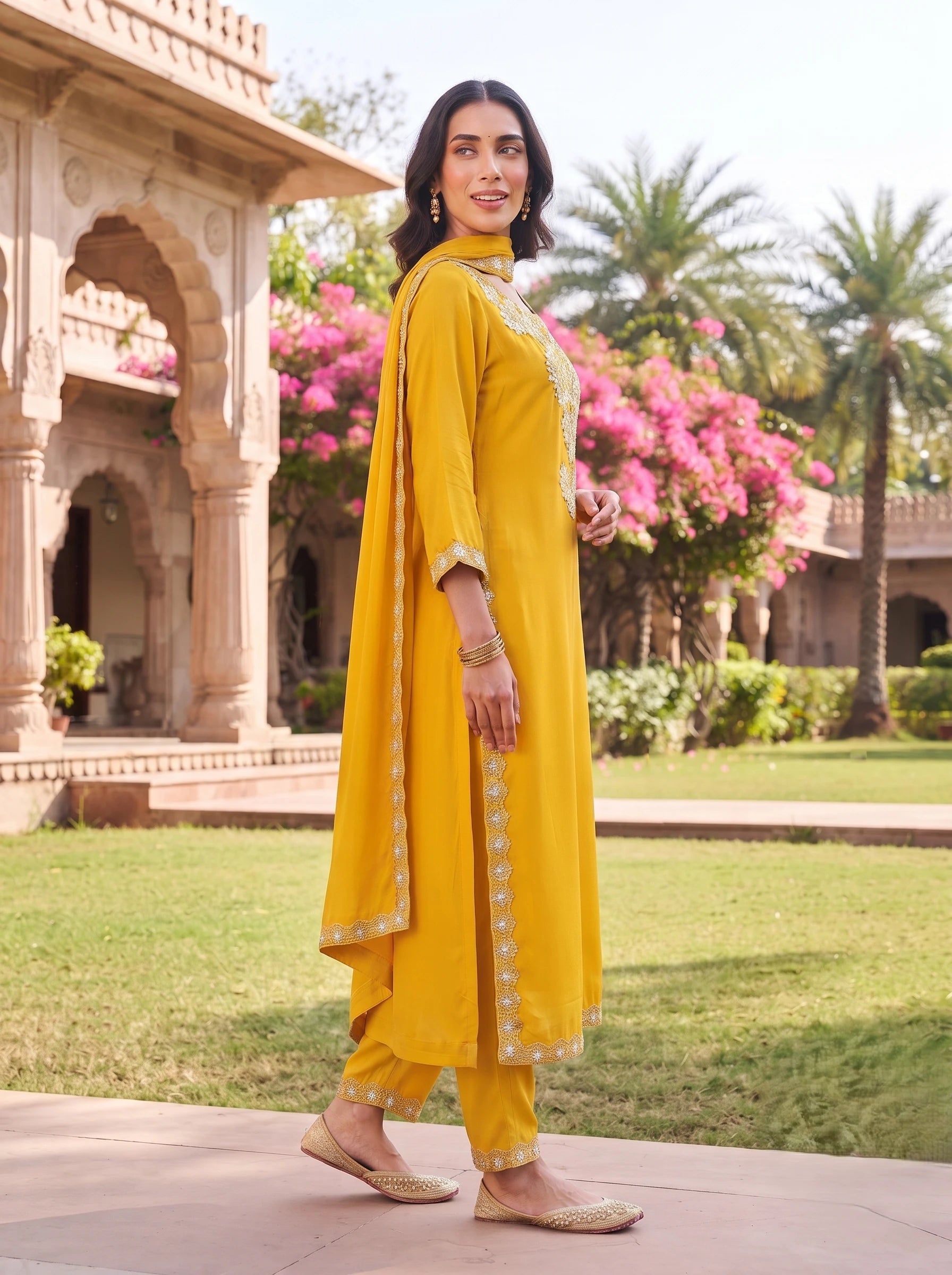 BRIGHT YELLOW FESTIVE EMBROIDERED DOLA SILK SUIT WITH DUPATTA