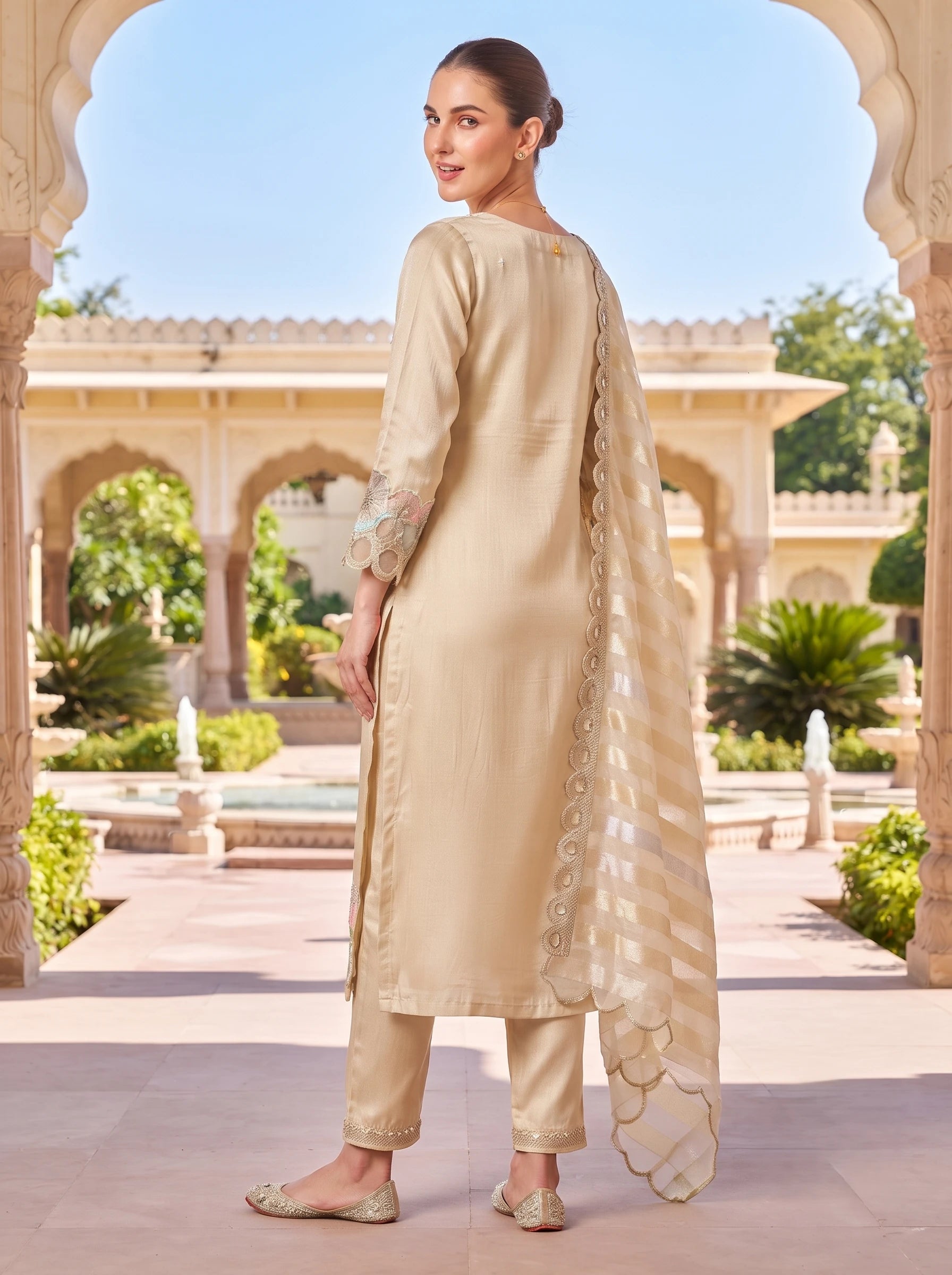 PEARL BLOSSOM EMBROIDERED SHIMMER TISSUE FESTIVE  SUIT SET