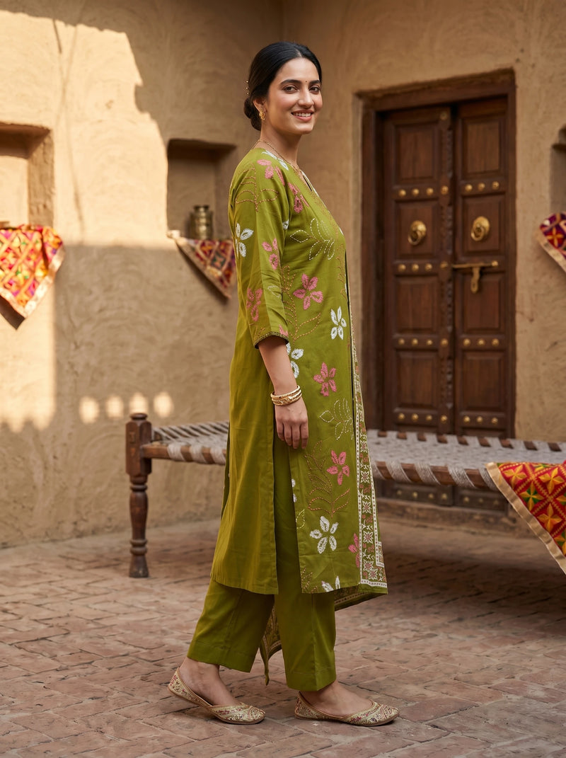 MATCHA GREEN FLORAL MUL COTTON SUIT SET