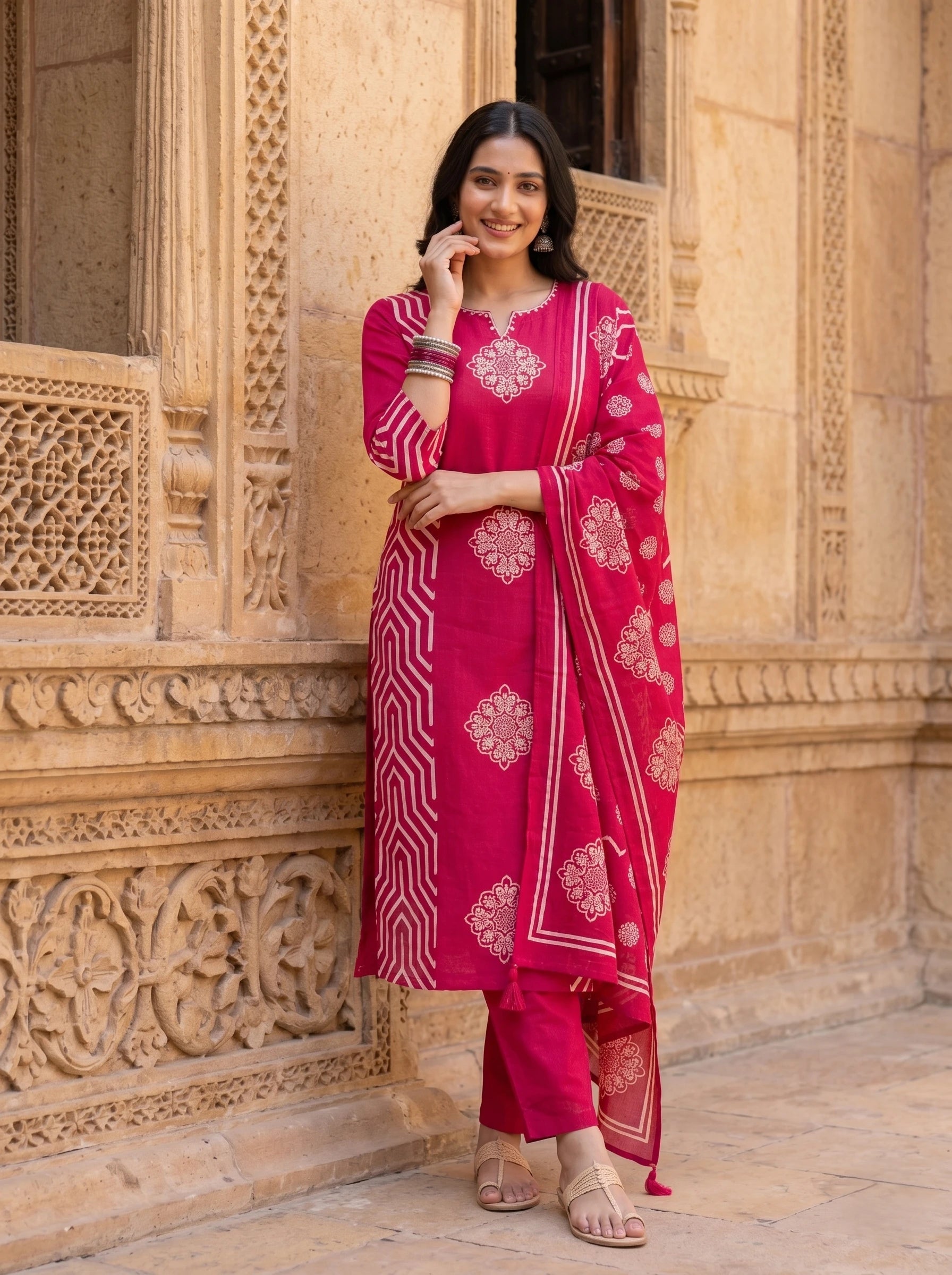 RANI PINK BLOCK PRINTED HANDWORK  SUIT SET