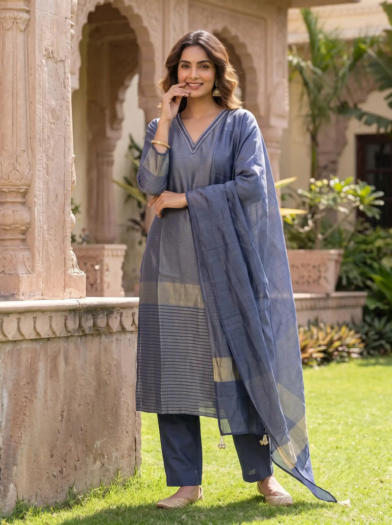 SHIMMERY GREY DESIGNER HAND EMBROIDERED FESTIVE SUIT SET