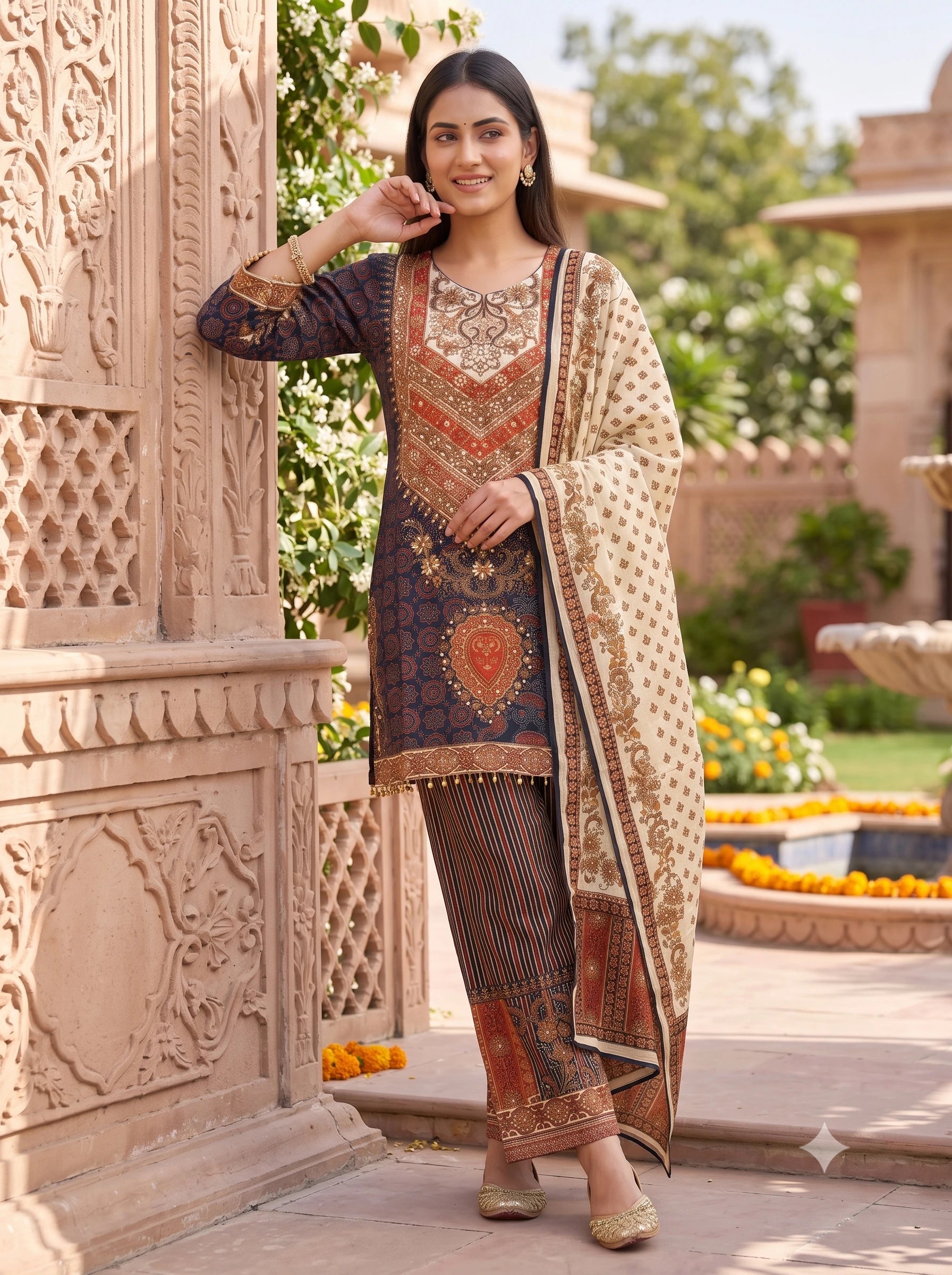MIDNIGHT PAISLEY PRINTED EMBELLISHED PURE MUSLIN SUIT SET