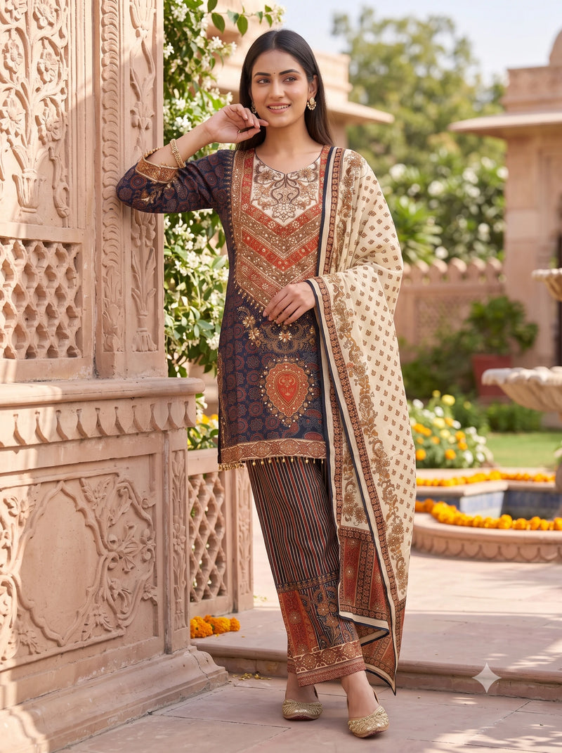 MIDNIGHT PAISLEY PRINTED EMBELLISHED PURE MUSLIN SUIT SET