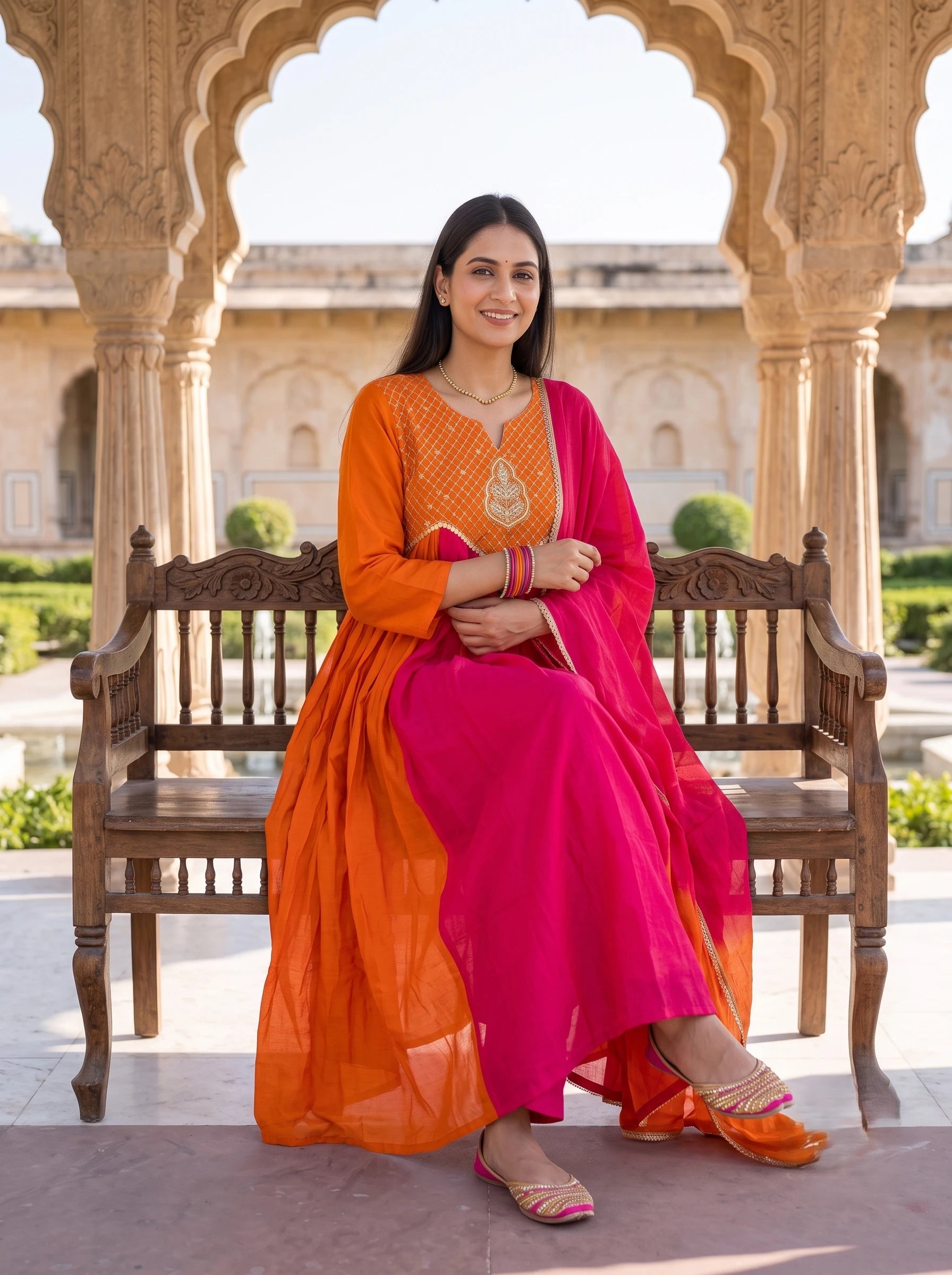 ORANGE PINK DUAL TONE HAND EMBROIDERD FESTIVE ANARKALI  SUIT SET