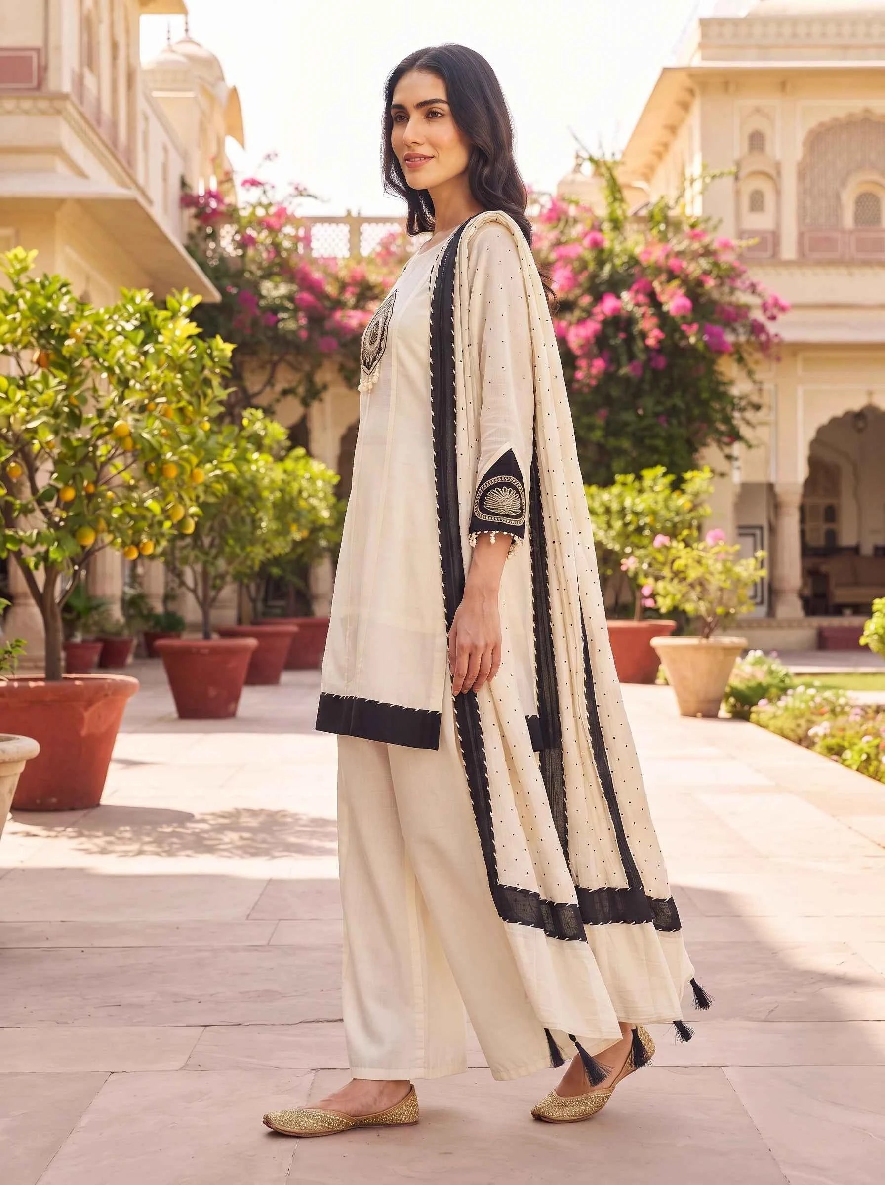 IVORY BLACK FULL EMBROIDERED PURE MUL CHANDERI SUIT WITH DUPATTA
