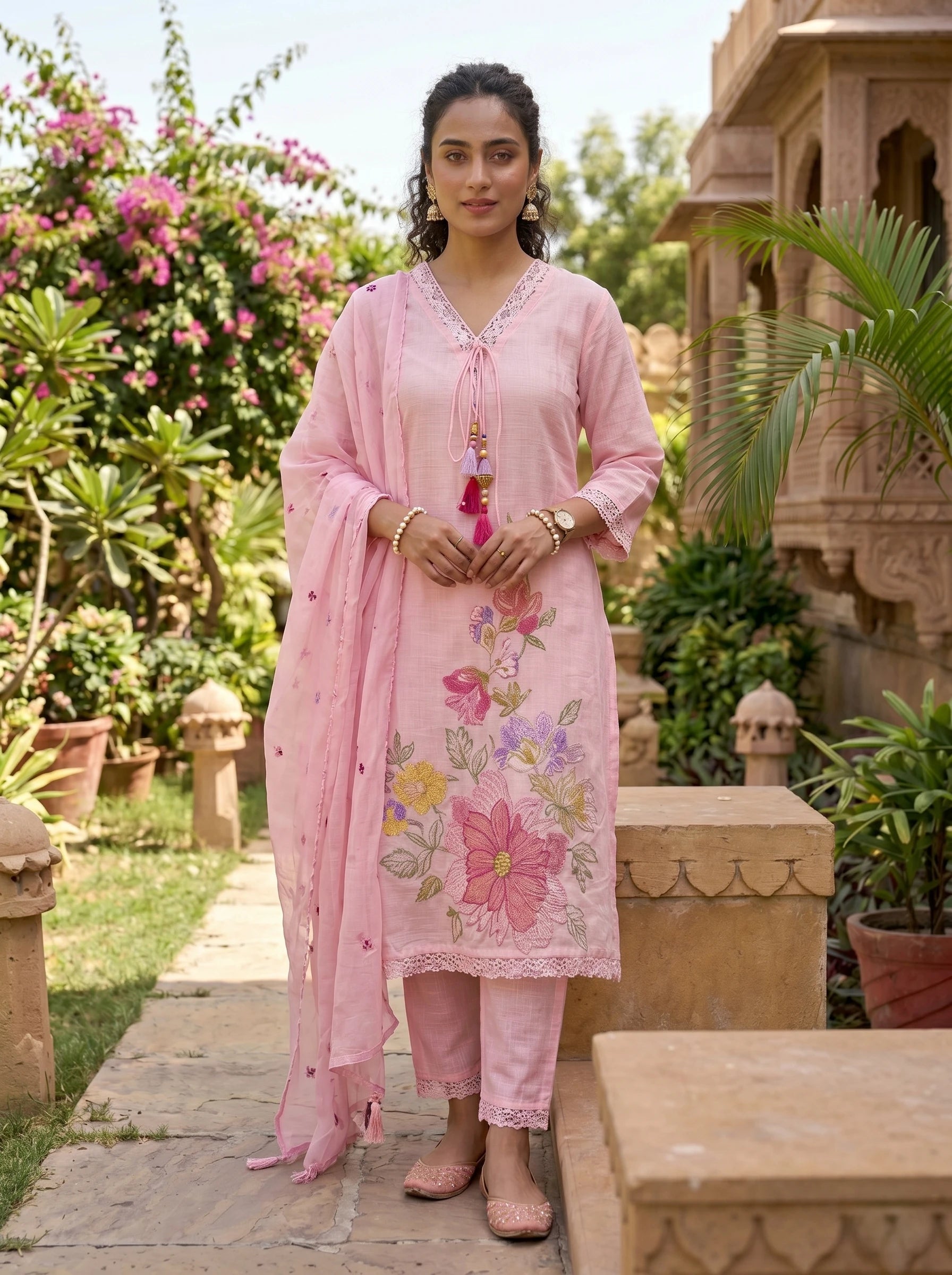 POWDER PINK THREADWORK SUIT SET