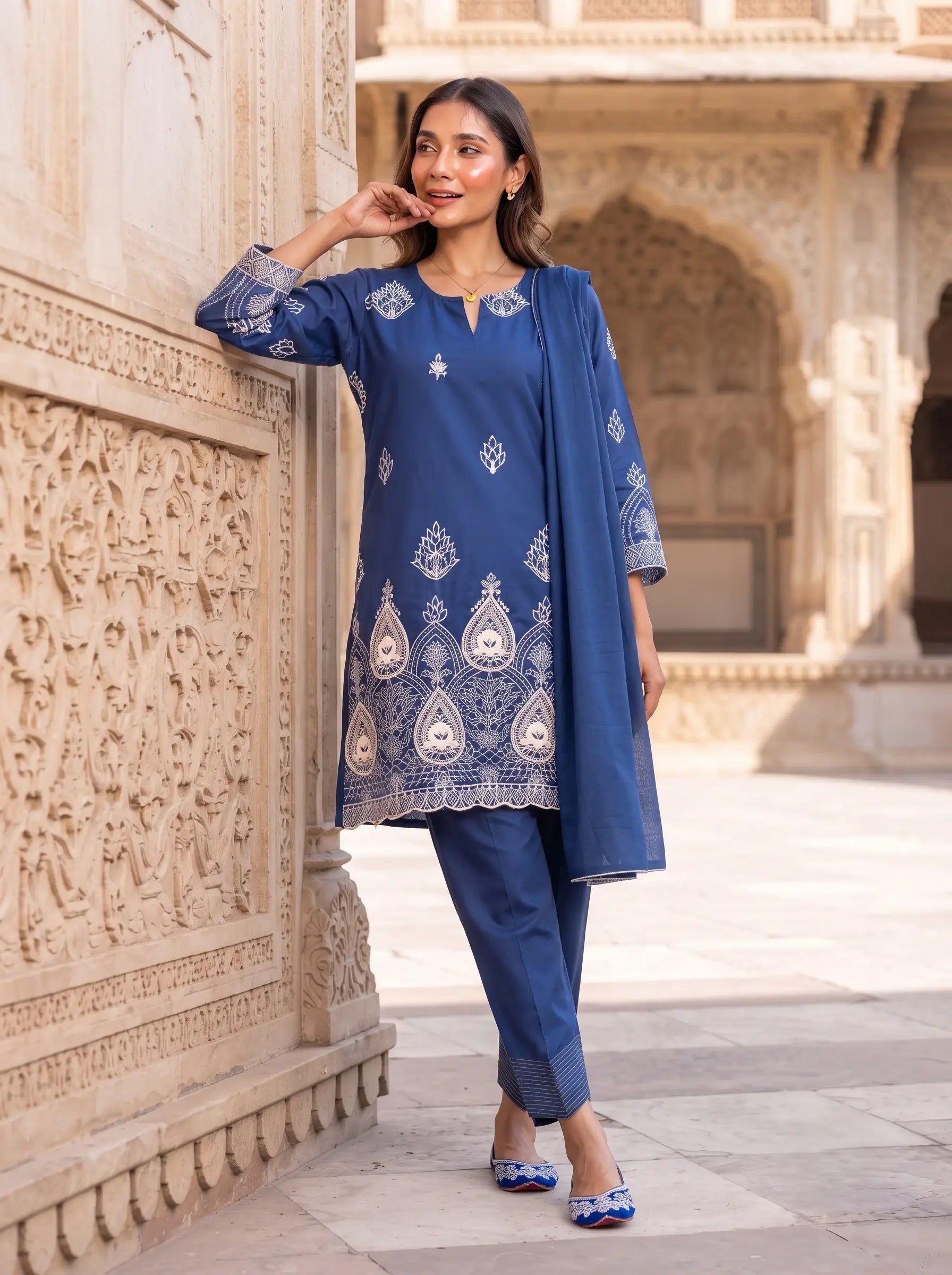 NAVY BLUE ELEGANCE FULL EMBROIDERED PURE COTTON SUIT SET