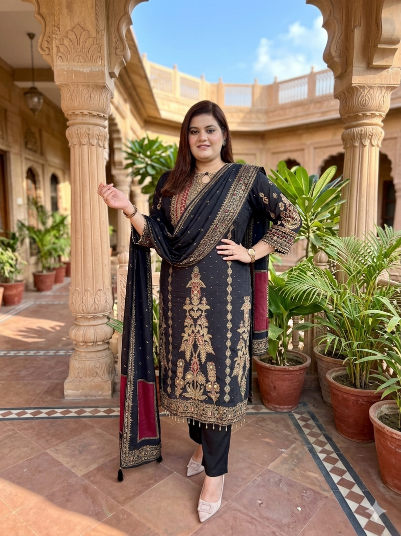 MIDNIGHT GOLD EMBROIDERED PURE CREPE  SUIT WITH DUPATTA
