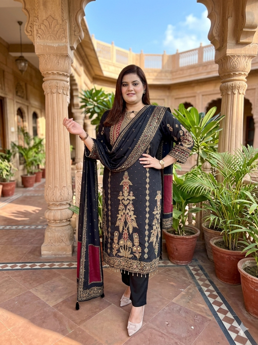 MIDNIGHT GOLD EMBROIDERED SUIT SET