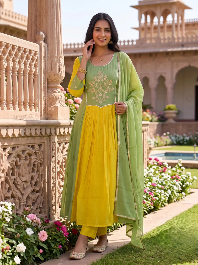 PISTA GREEN & MUSTARD YELLOW EMBROIDERED ANARKALI SUIT SET