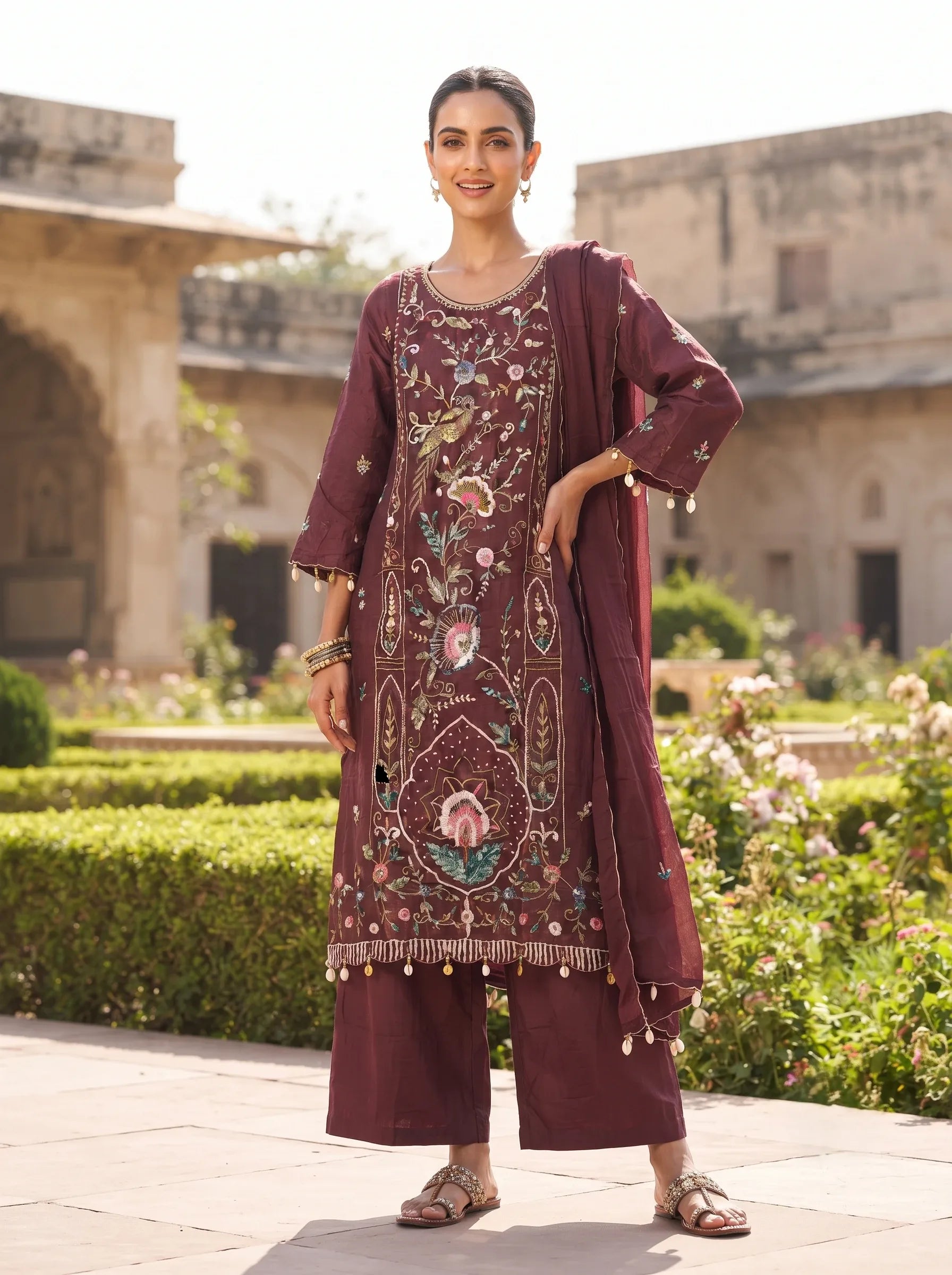 WINE FLORAL BIRD HAND  EMBROIDERED PURE DOLA SILK SUIT SET