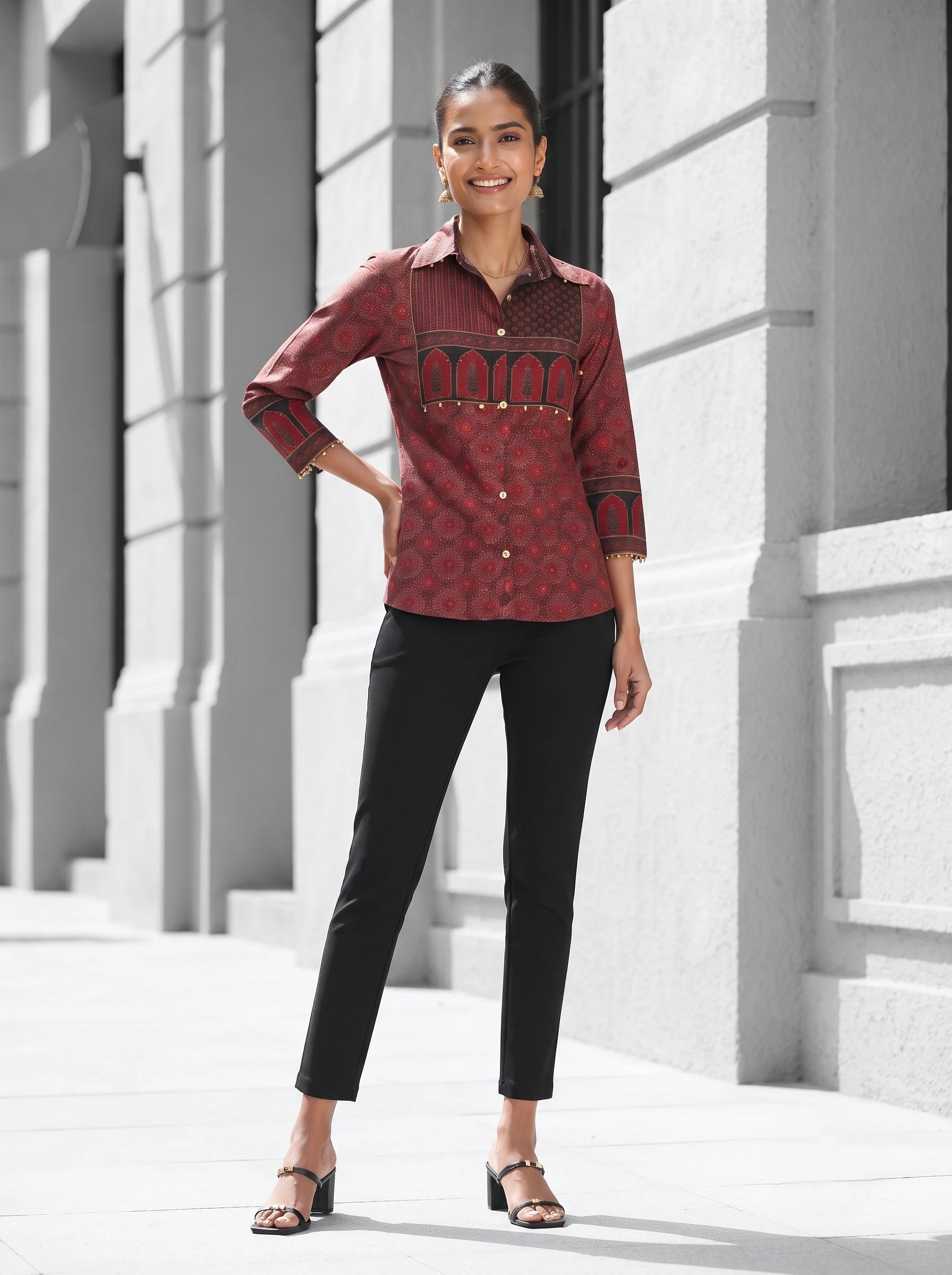 CRIMSON PALACE COLLARED PRINTED PURE MUSLIN SHIRT