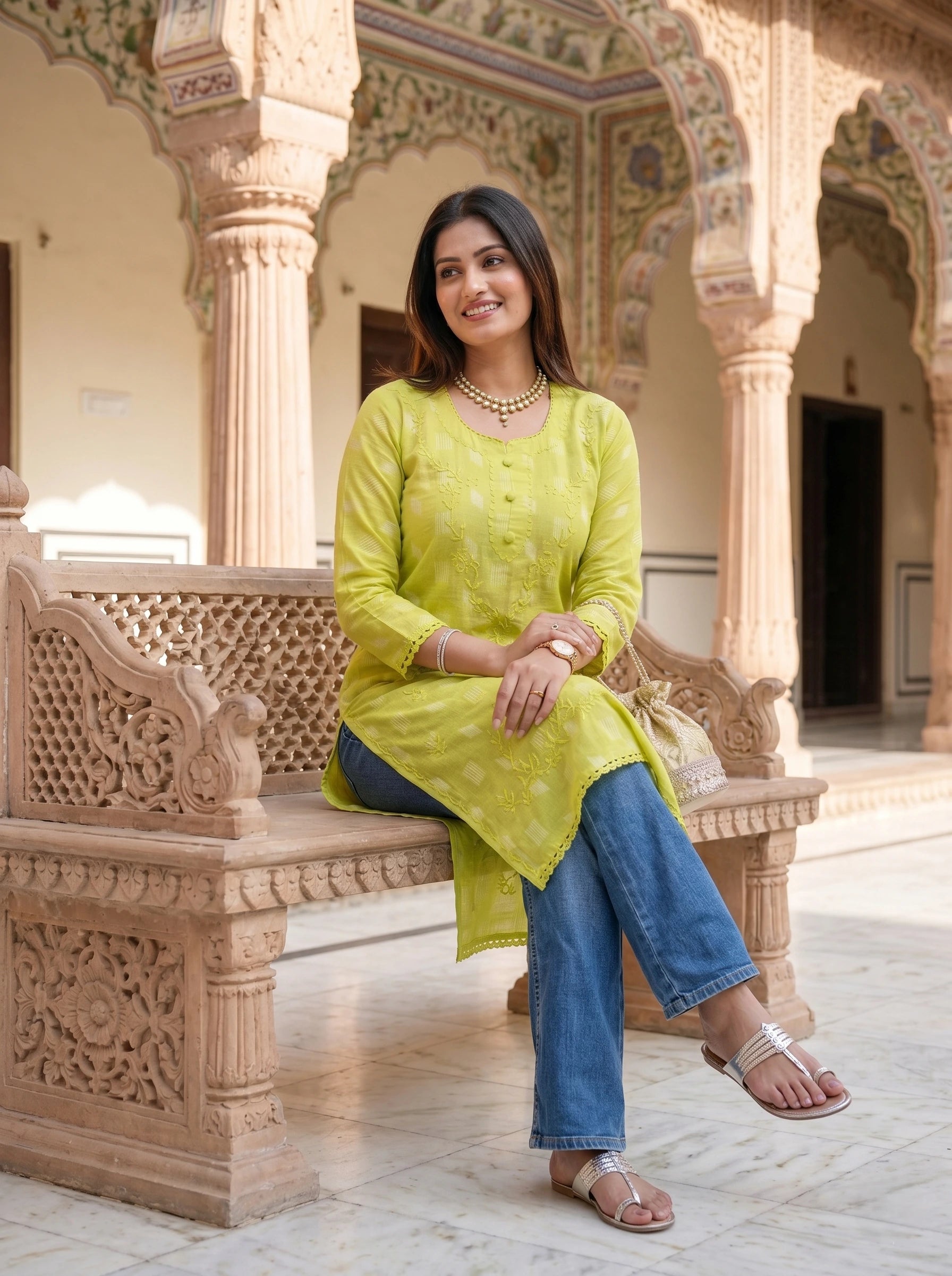 LIME YELLOW PRINTED STRAIGHT KURTI
