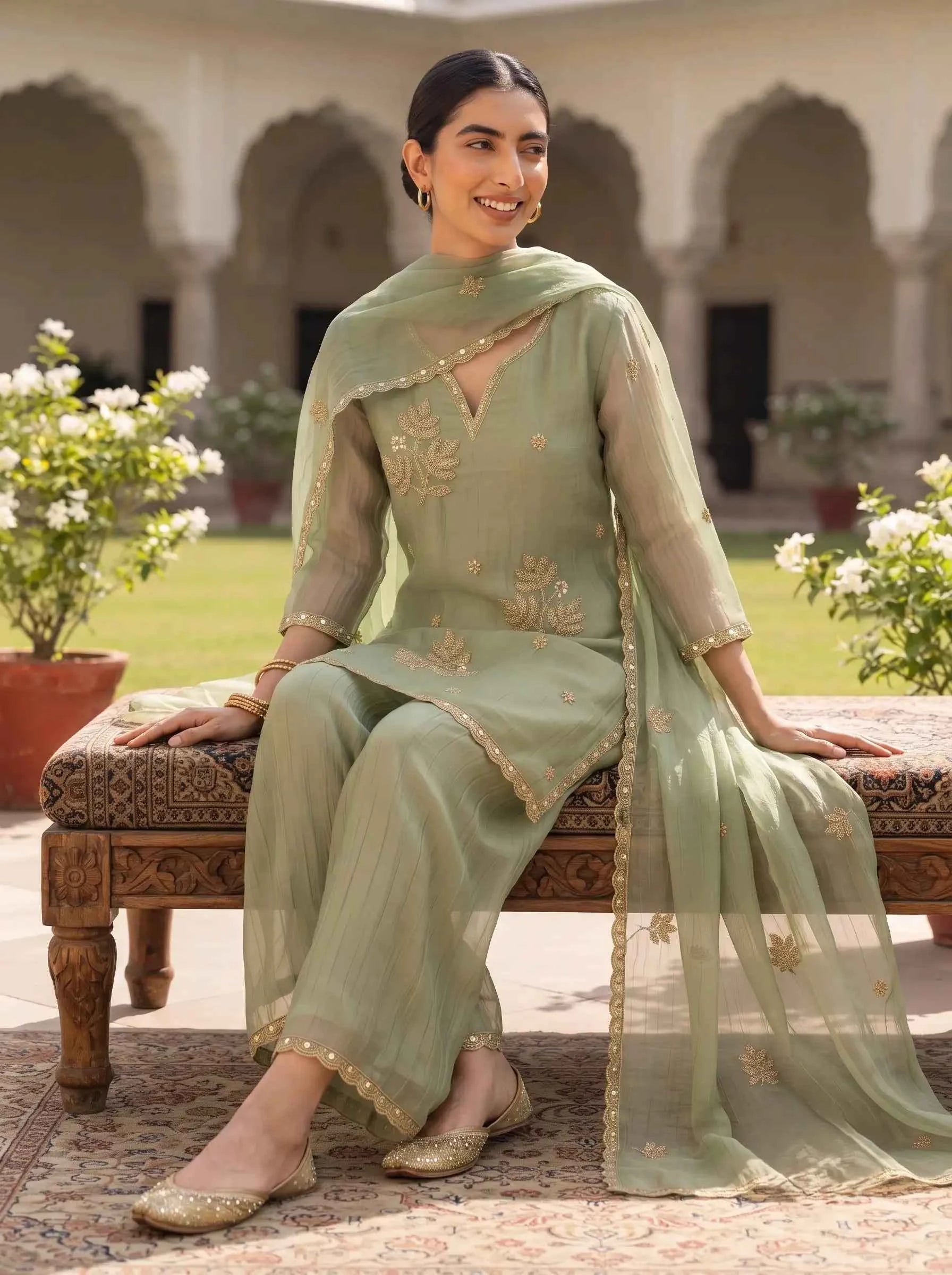 SAGE GREEN BEADED LEAF EMBROIDERED SALSA SUIT SET