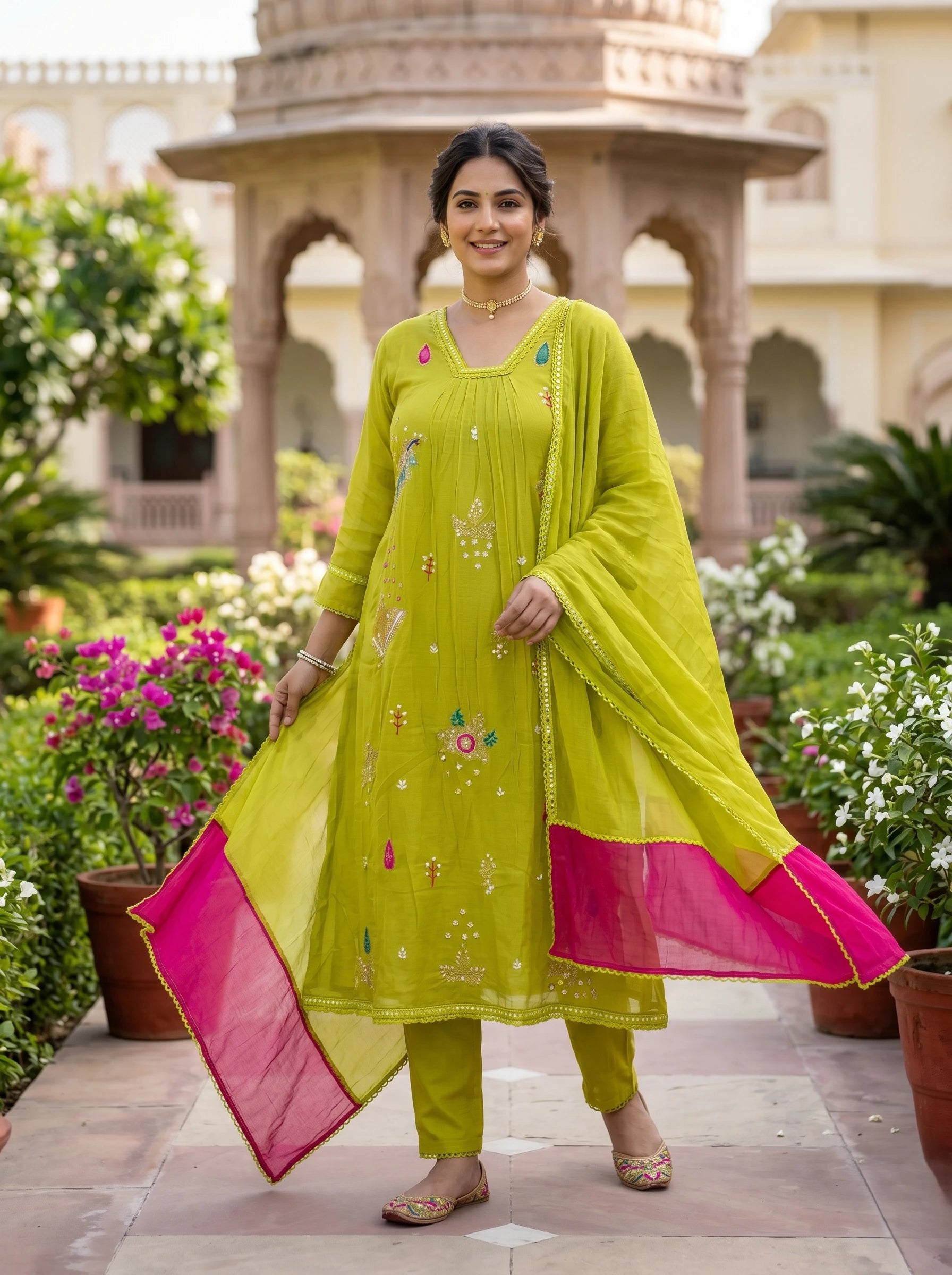 NOOR-E-OLIVE EMBROIDERED MUL COTTON SUIT SET