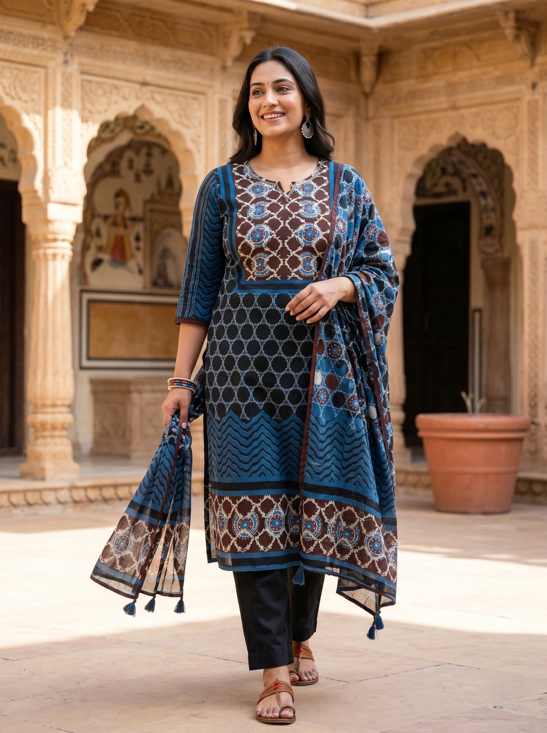TEAL BLUE BLOCK PRINT NECK EMBROIDERED SUIT SET