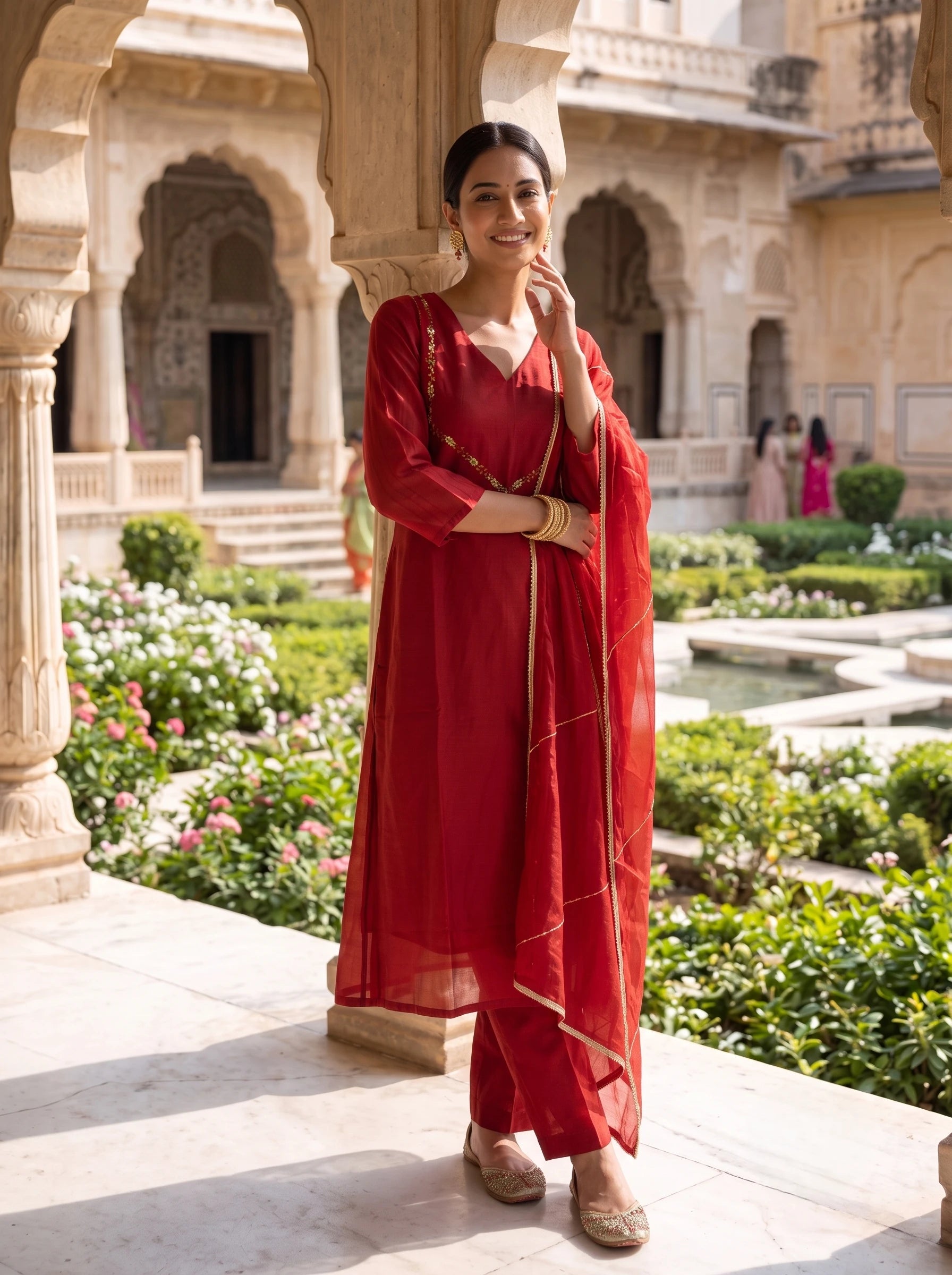 BURGUNDY GRACE EMBELLISHED STRAIGHT HAND EMBROIDERED SUIT SET